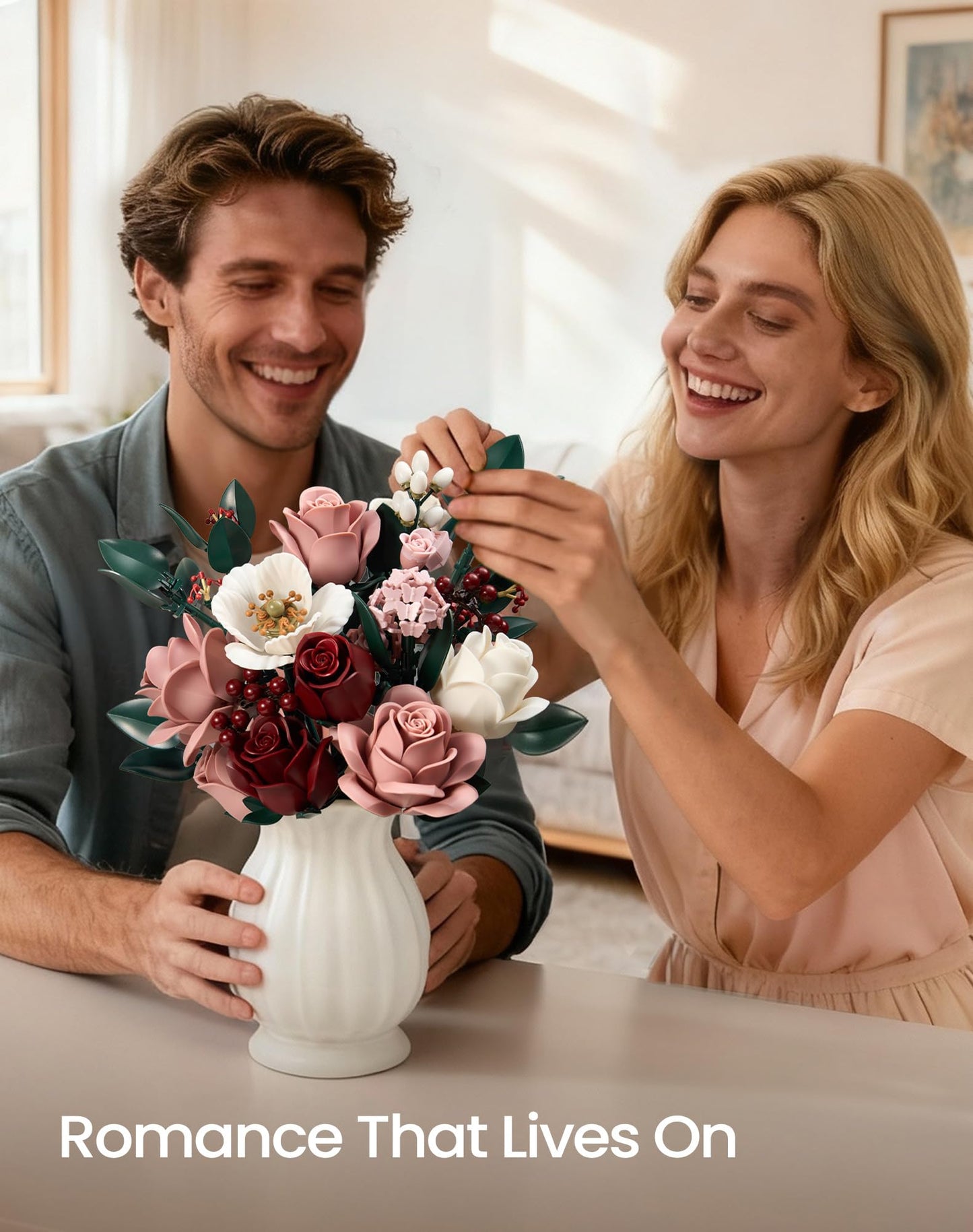 iATOM Pink Roses Bouquet Building Set IA11022 — Lifelike Artificial Flowers for Home & Office