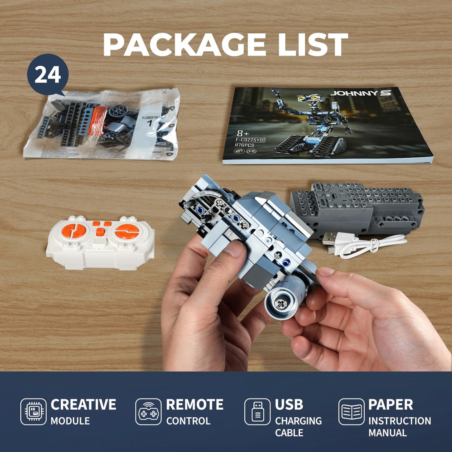 iATOM Johnny 5 Robot Building Set — 1176 Pieces, Remote Control, Rechargeable Battery
