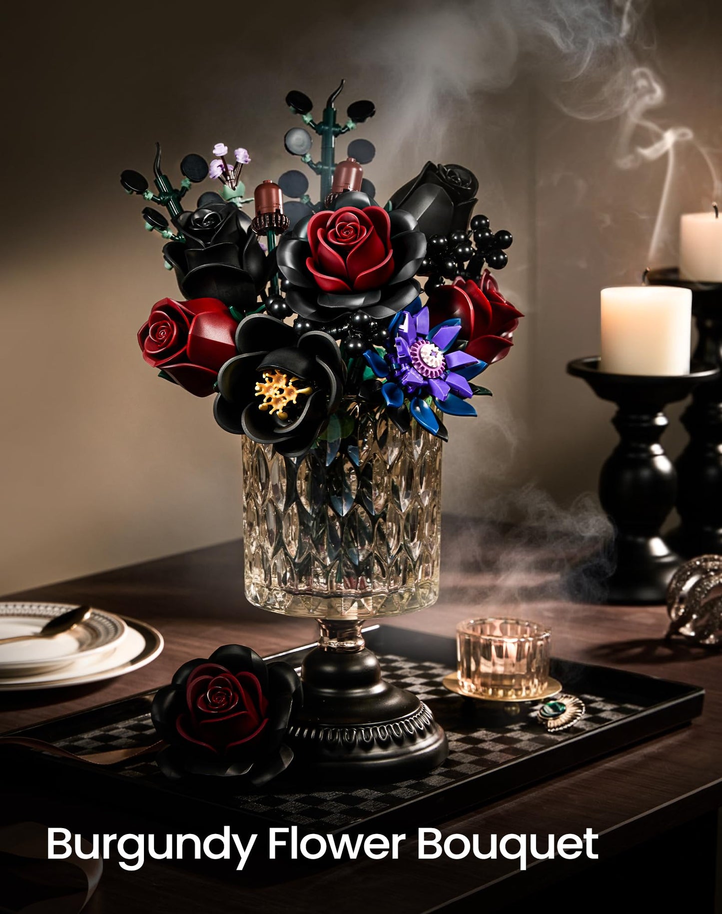 iATOM Black Burgundy Rose Bouquet Building Set – Gothic Floral Centerpiece Kit for Adults