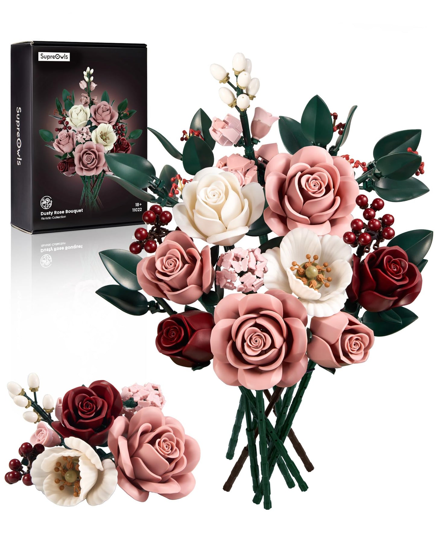 iATOM Pink Roses Bouquet Building Set IA11022 — Lifelike Artificial Flowers for Home & Office