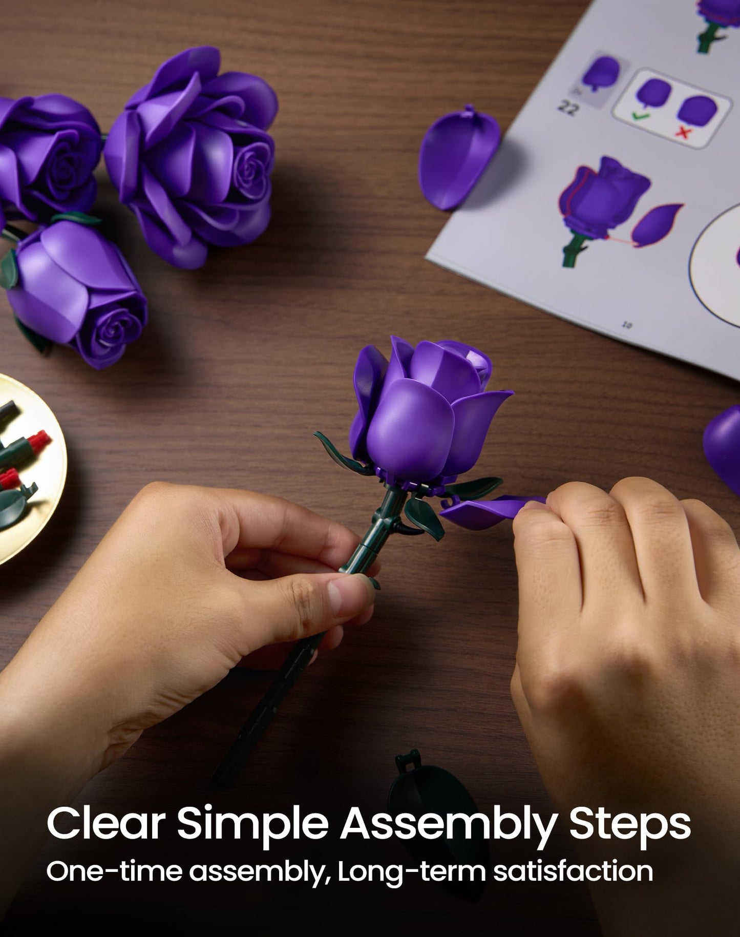 iATOM Purple Rose Bouquet Building Set – 12-Piece Floral Craft Kit for Adults | Centerpiece Decor