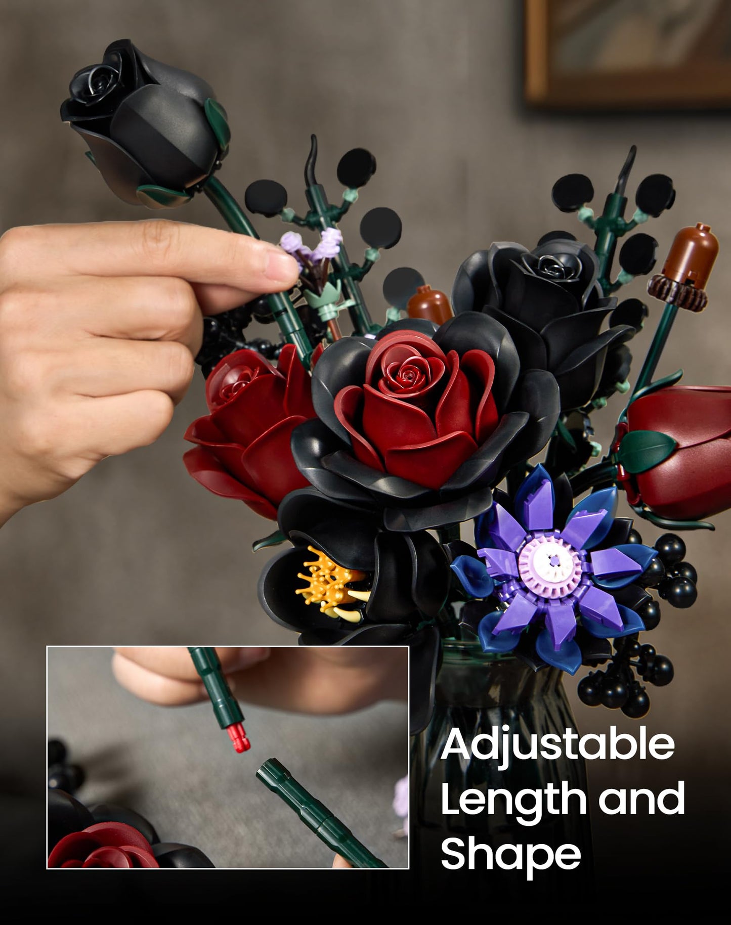 iATOM Black Burgundy Rose Bouquet Building Set – Gothic Floral Centerpiece Kit for Adults
