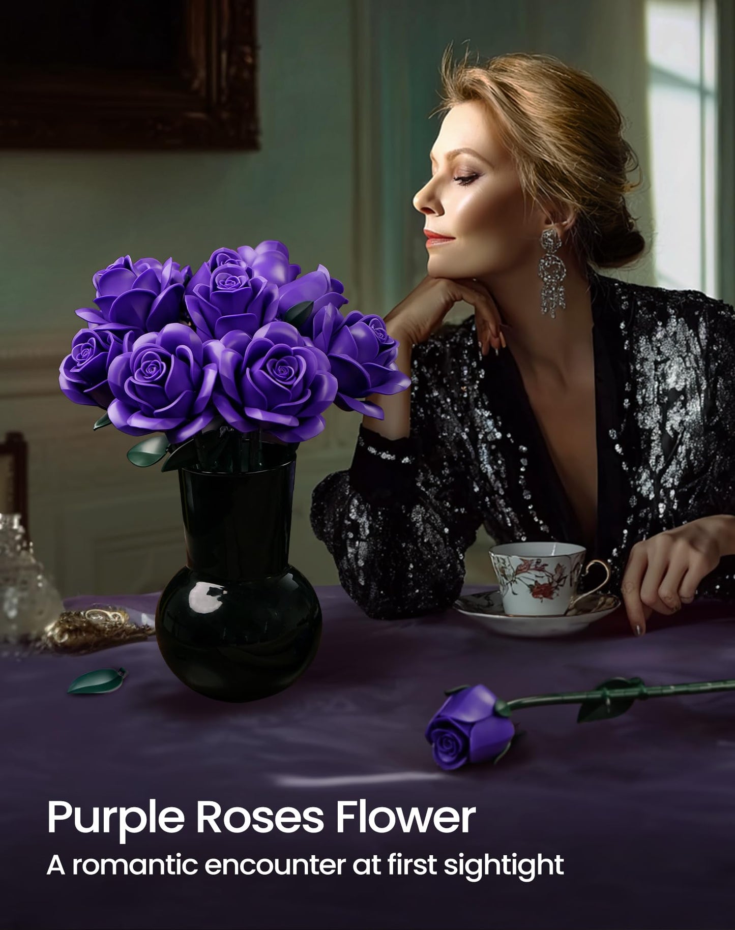 iATOM Purple Rose Bouquet Building Set – 12-Piece Floral Craft Kit for Adults | Centerpiece Decor
