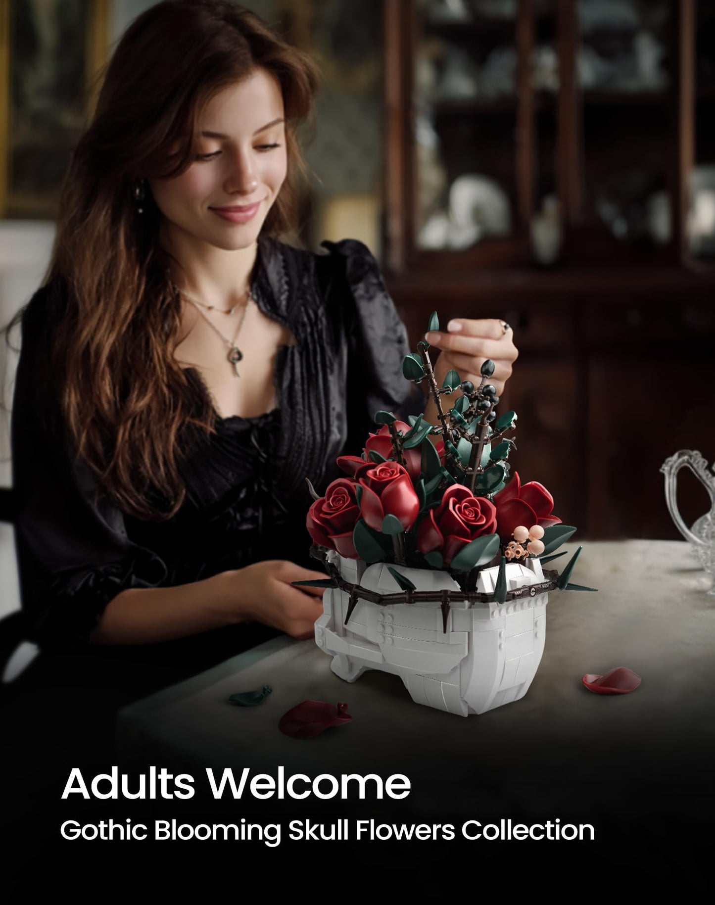 iATOM Skull Roses Bouquet Building Set – Gothic Skeleton Planter Kit for Adults