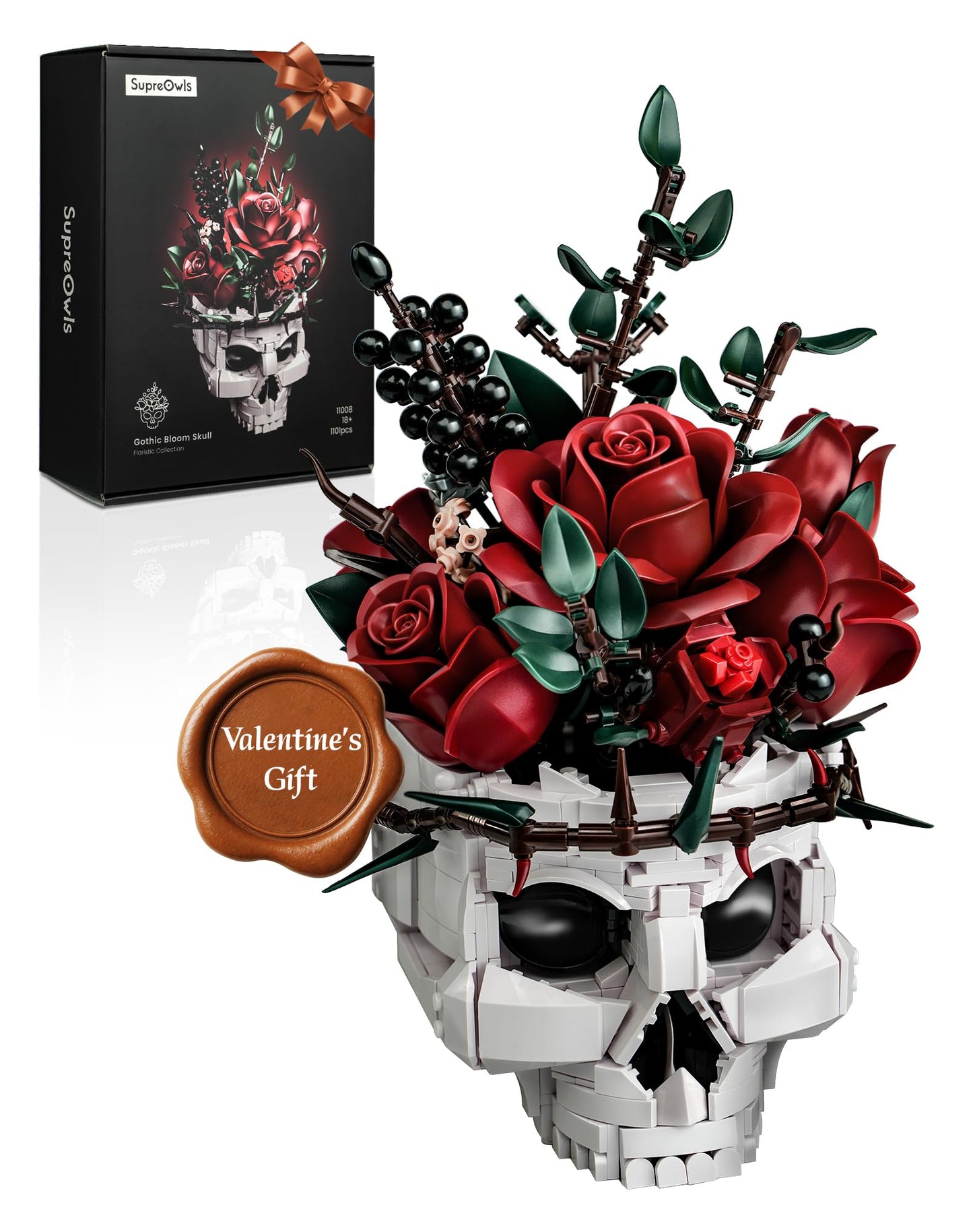 iATOM Skull Roses Bouquet Building Set – Gothic Skeleton Planter Kit for Adults