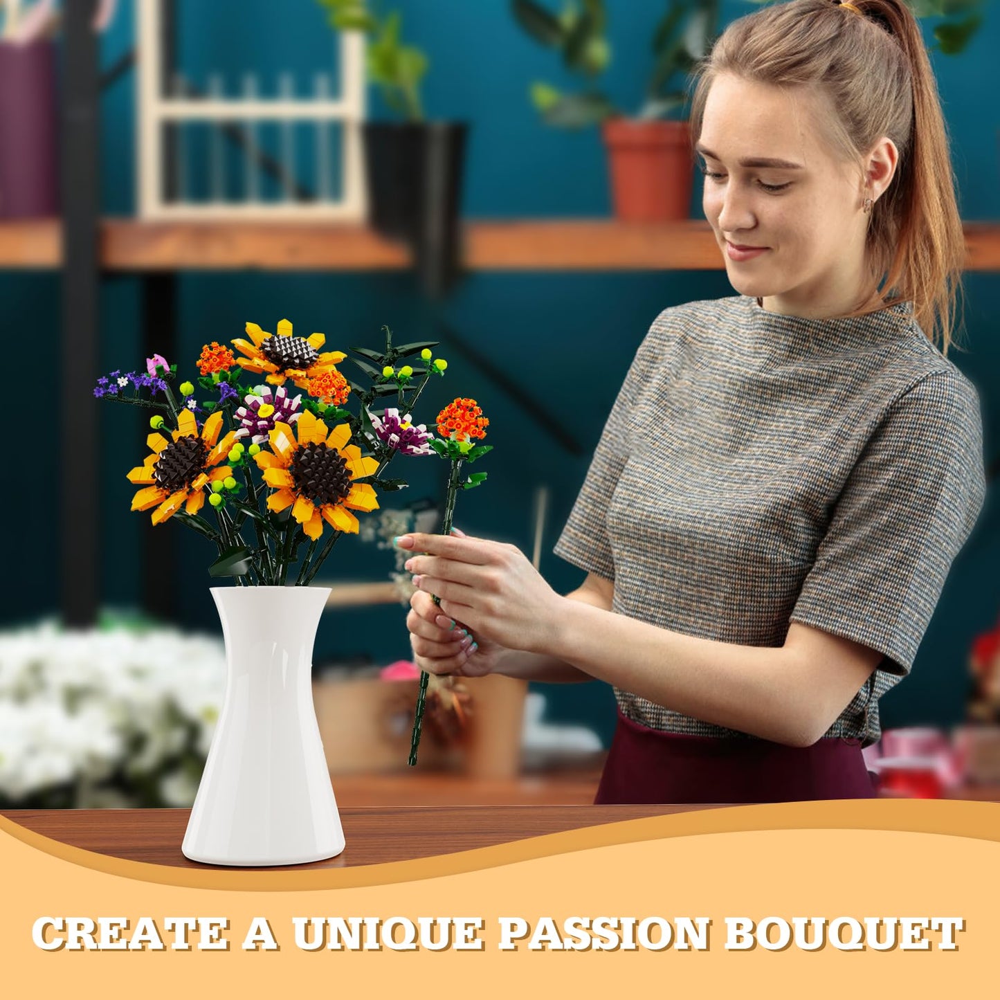 iATOM Sunflowers Bouquet Building Set – Artificial Flower Collection for Home & Office Decor