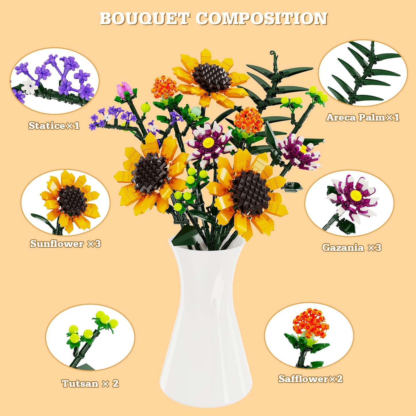 iATOM Sunflowers Bouquet Building Set – Artificial Flower Collection for Home & Office Decor