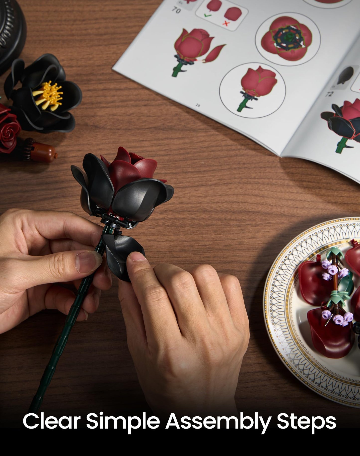 iATOM Black Burgundy Rose Bouquet Building Set – Gothic Floral Centerpiece Kit for Adults