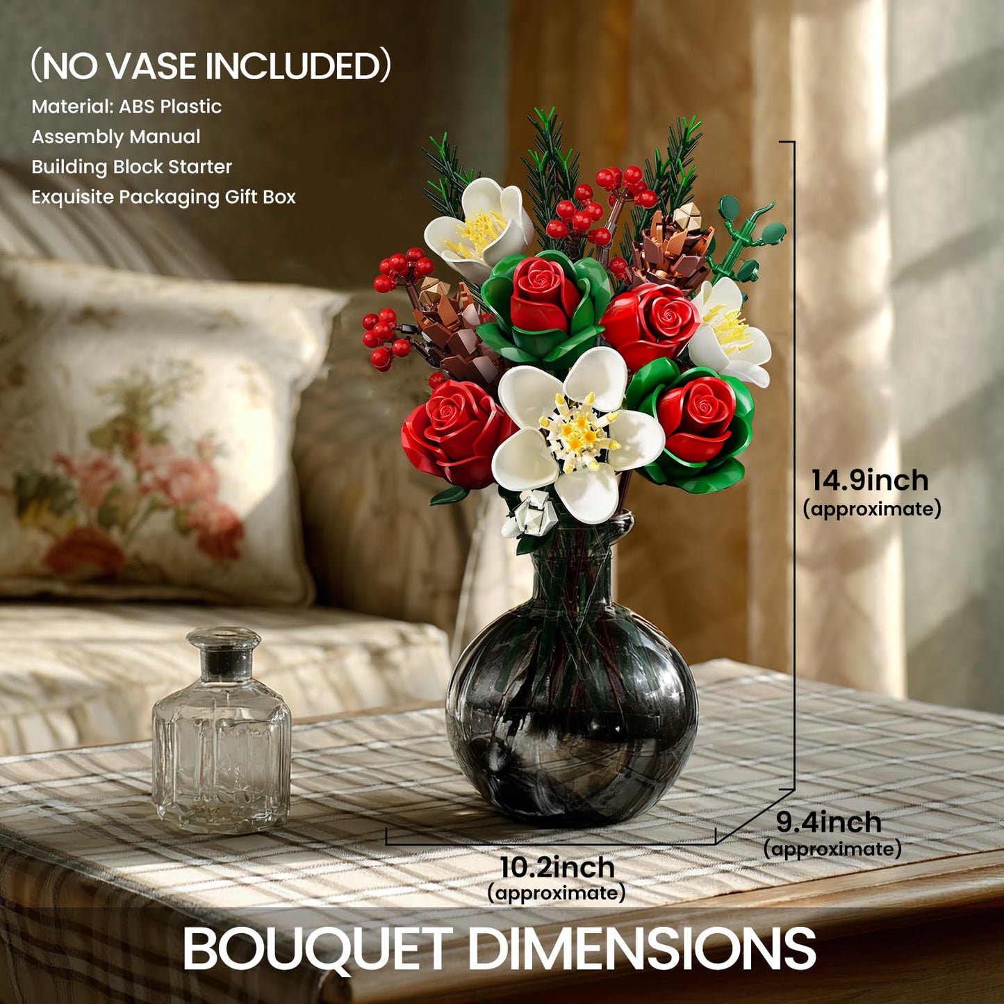 iATOM Valentines Flower Bouquet Building Set – Artificial Roses for Home Decor