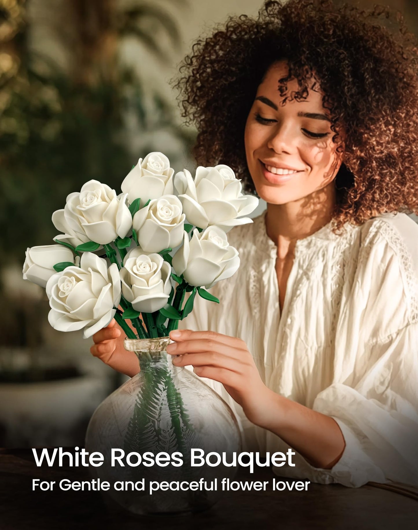 iATOM White Rose Bouquet Building Set – Realistic DIY Centerpiece