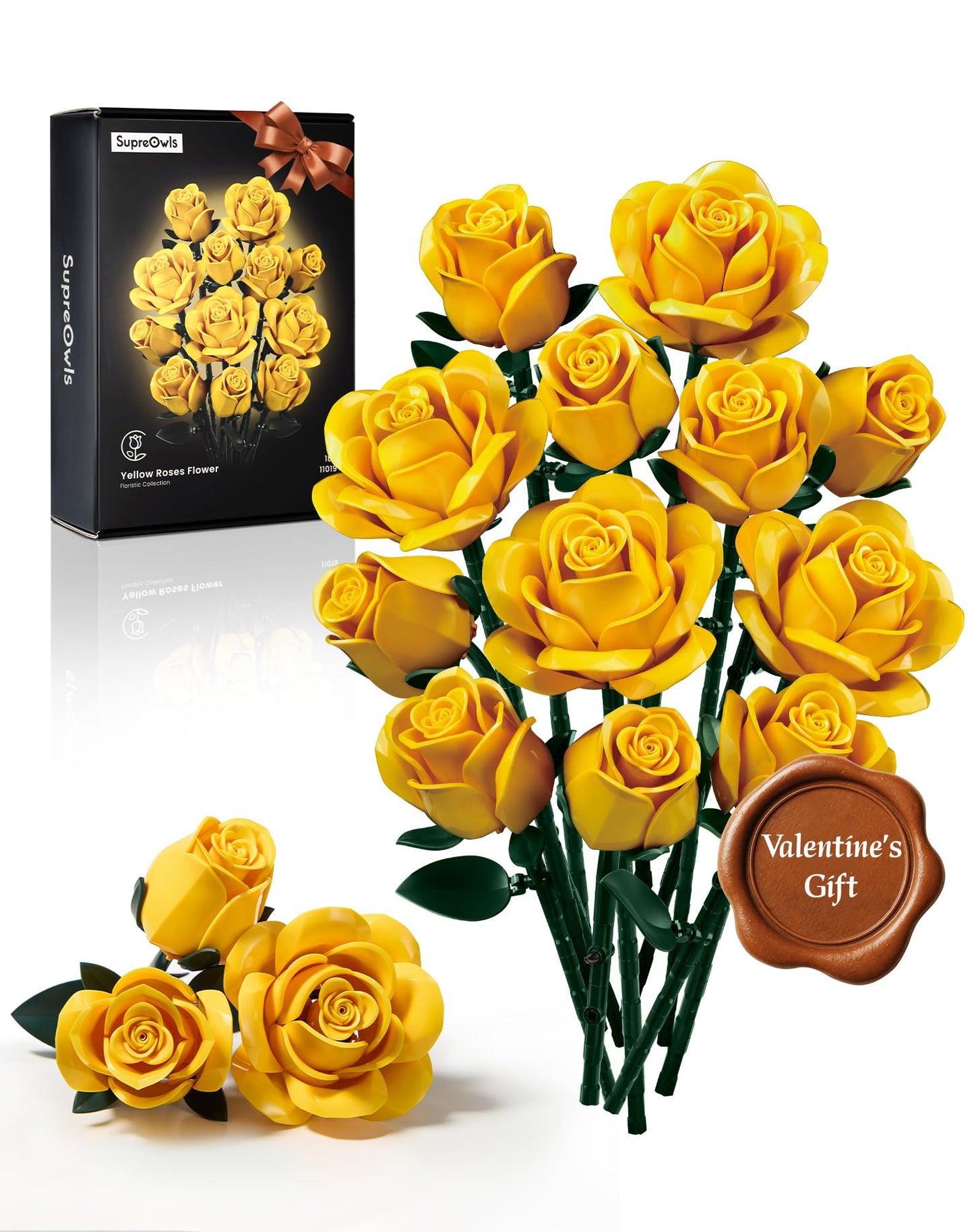 iATOM Yellow Rose Bouquet Building Set — 12Pcs Flowers Kit for Adults | Centerpiece & Gift