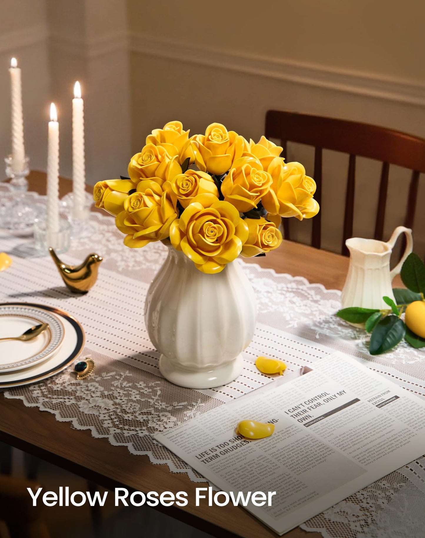 iATOM Yellow Rose Bouquet Building Set — 12Pcs Flowers Kit for Adults | Centerpiece & Gift