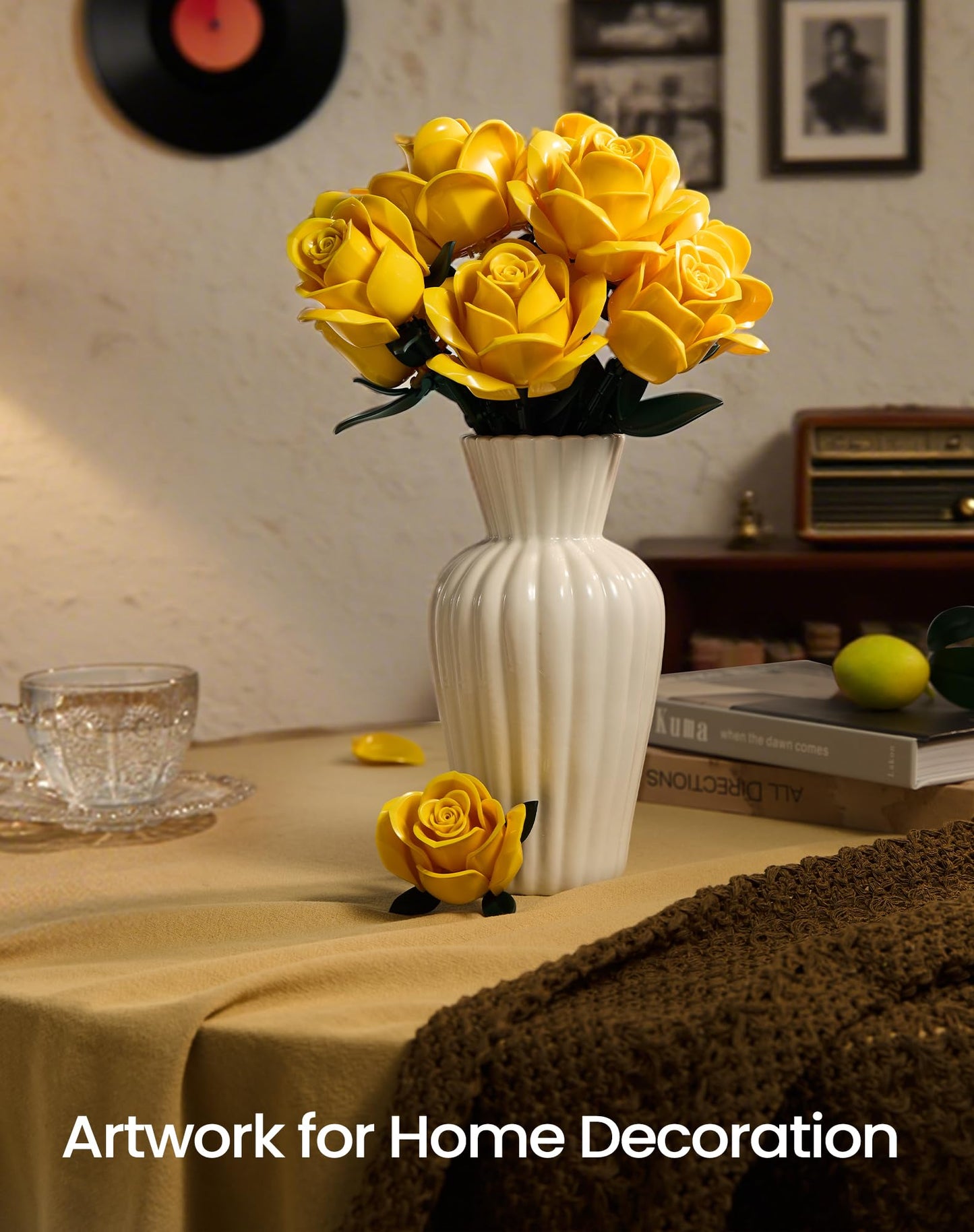 iATOM Yellow Rose Bouquet Building Set — 12Pcs Flowers Kit for Adults | Centerpiece & Gift
