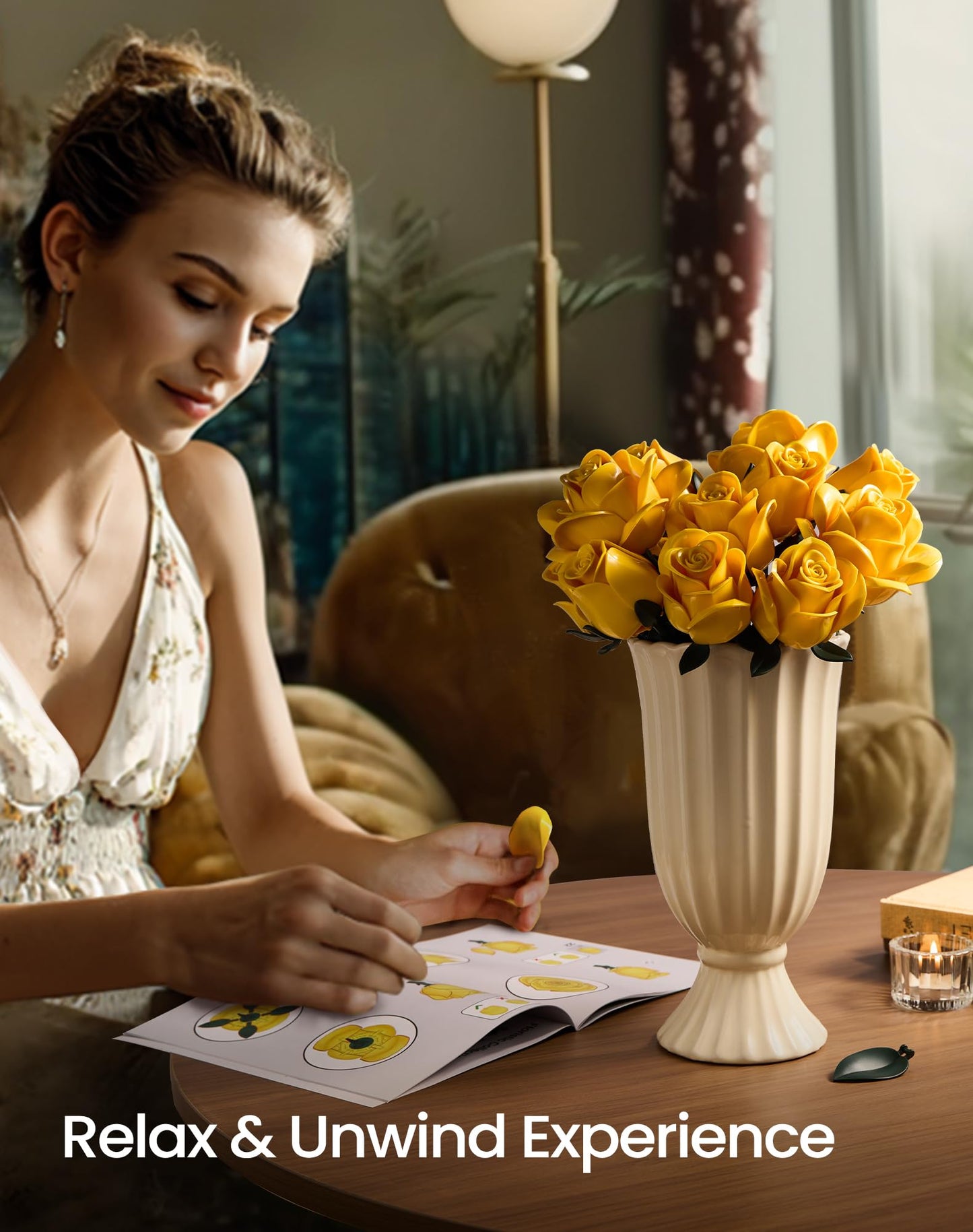 iATOM Yellow Rose Bouquet Building Set — 12Pcs Flowers Kit for Adults | Centerpiece & Gift
