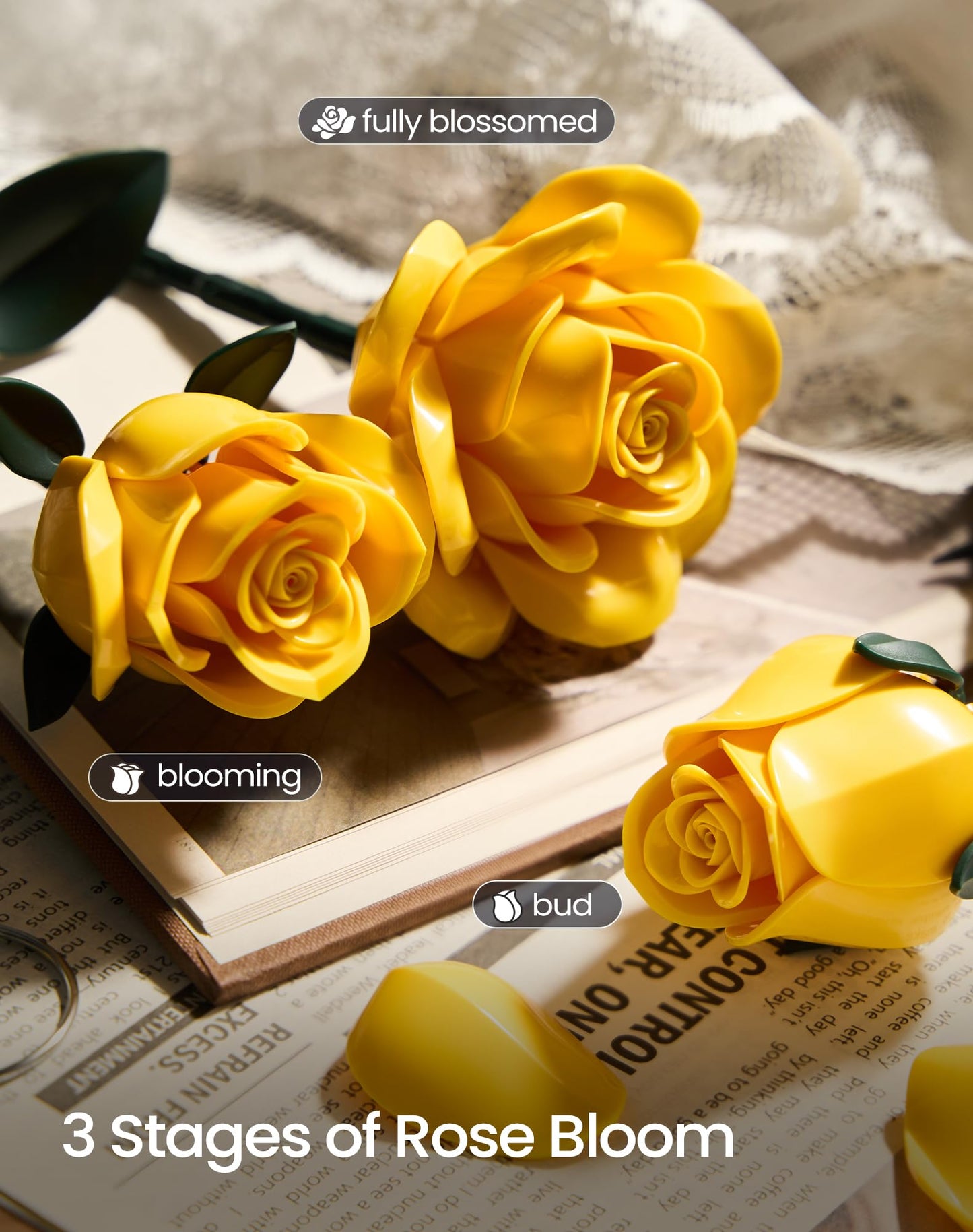iATOM Yellow Rose Bouquet Building Set — 12Pcs Flowers Kit for Adults | Centerpiece & Gift