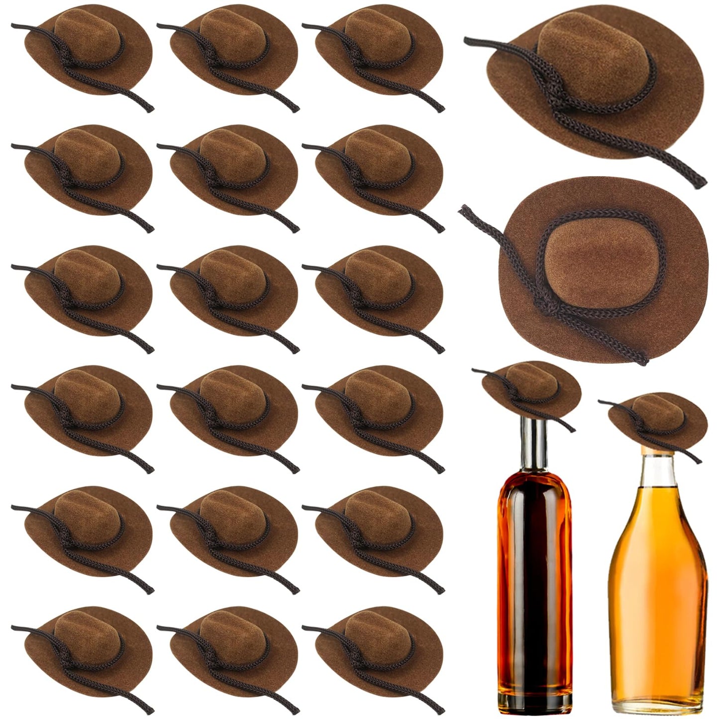IAXSEE 20-Piece Mini Flocked Cowboy Hat Set – Brown, Cute Dollhouse Western Hats for Party Decor