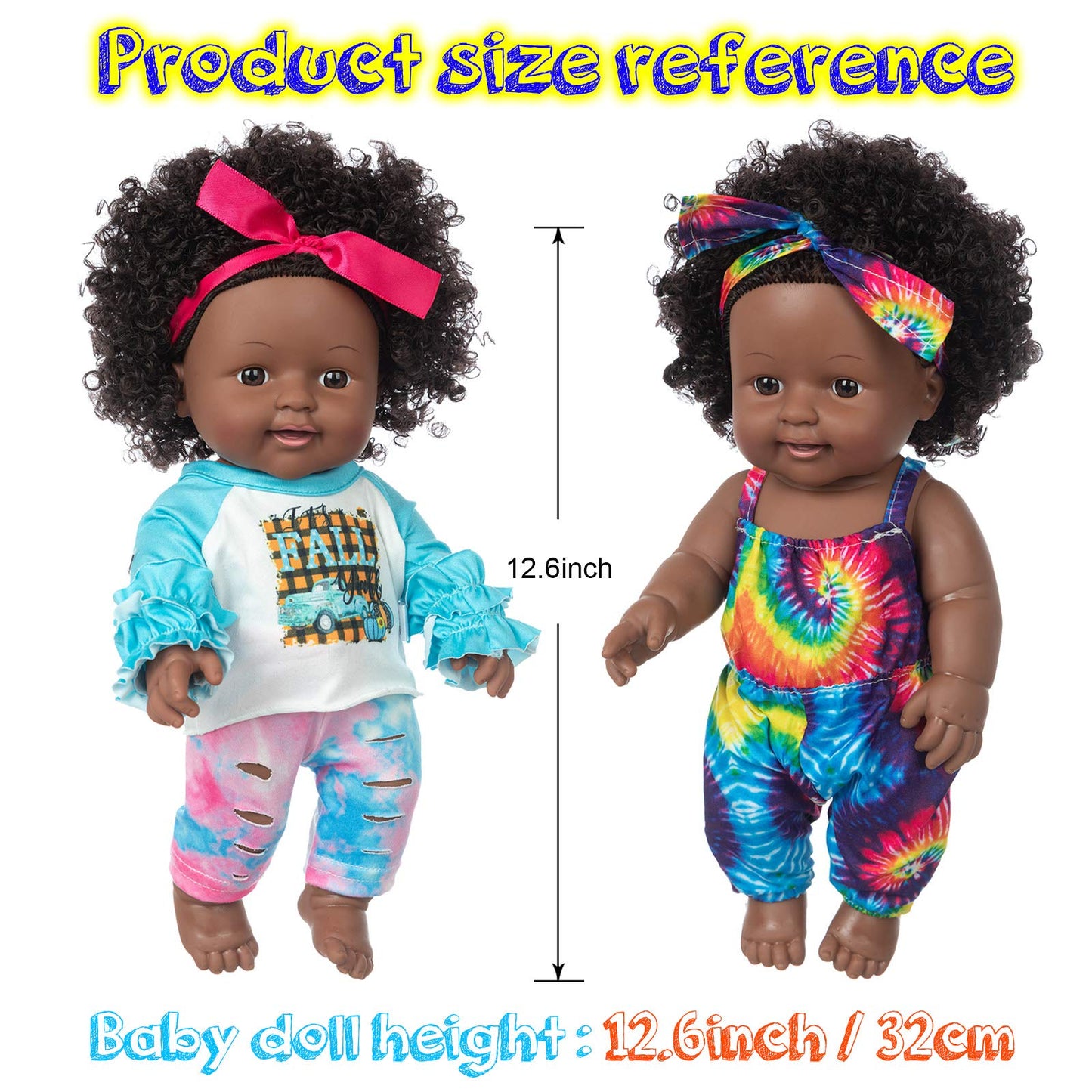 iBayda One-Piece 12-Inch Realistic Black Baby Doll with 2 Outfits – Washable Vinyl, African-American Toy