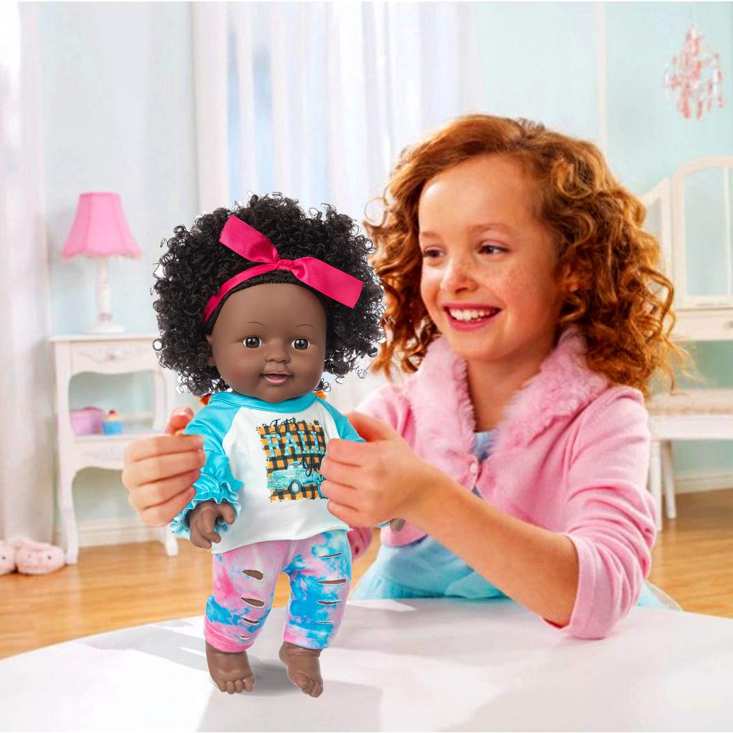 iBayda One-Piece 12-Inch Realistic Black Baby Doll with 2 Outfits – Washable Vinyl, African-American Toy