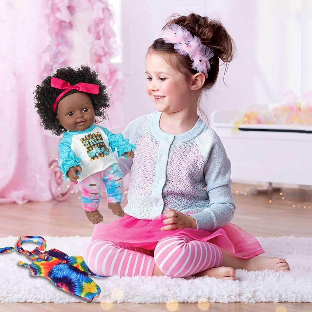 iBayda One-Piece 12-Inch Realistic Black Baby Doll with 2 Outfits – Washable Vinyl, African-American Toy