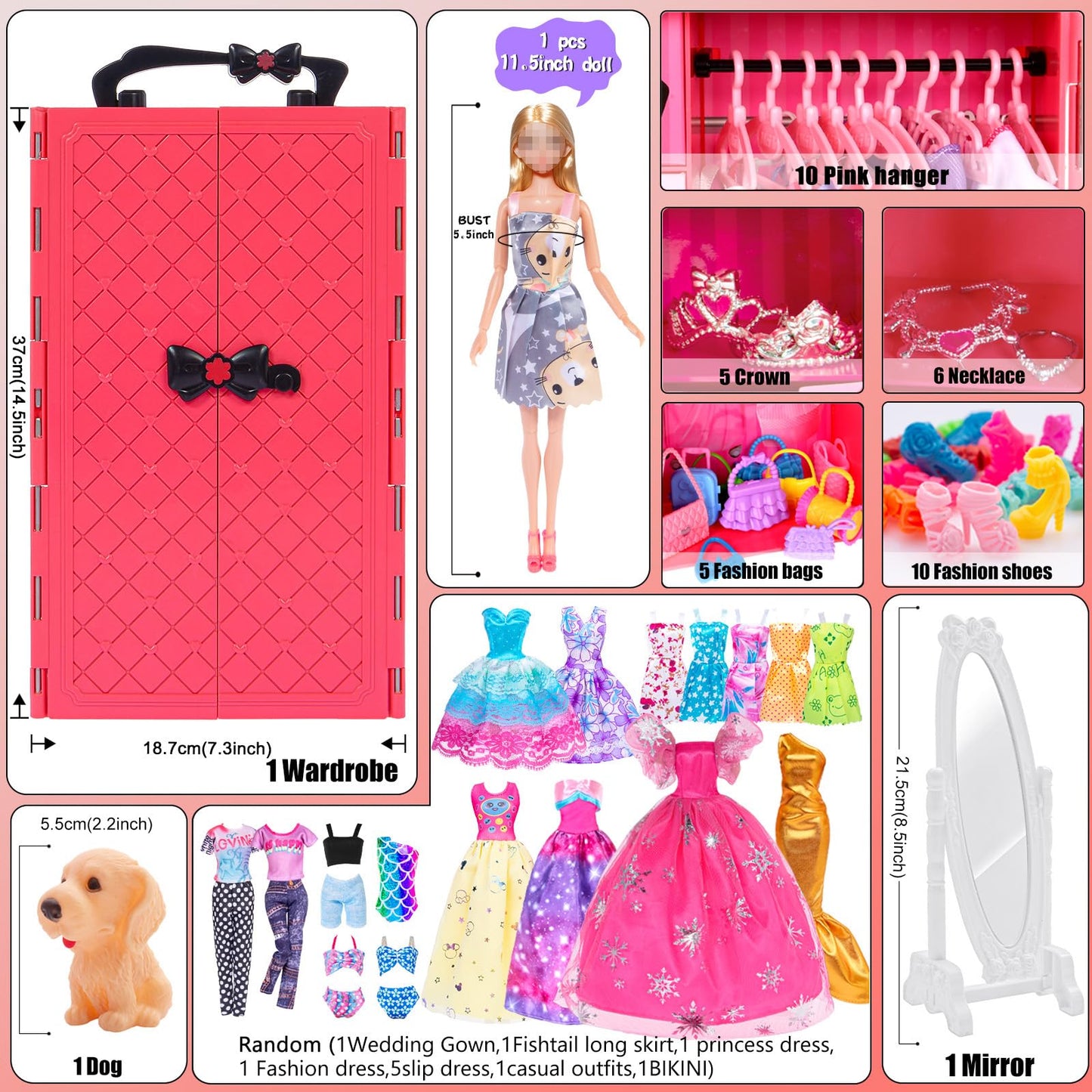 iBayda 11.5-Inch Fashion Doll with Closet Wardrobe and Accessories (Doll Included)
