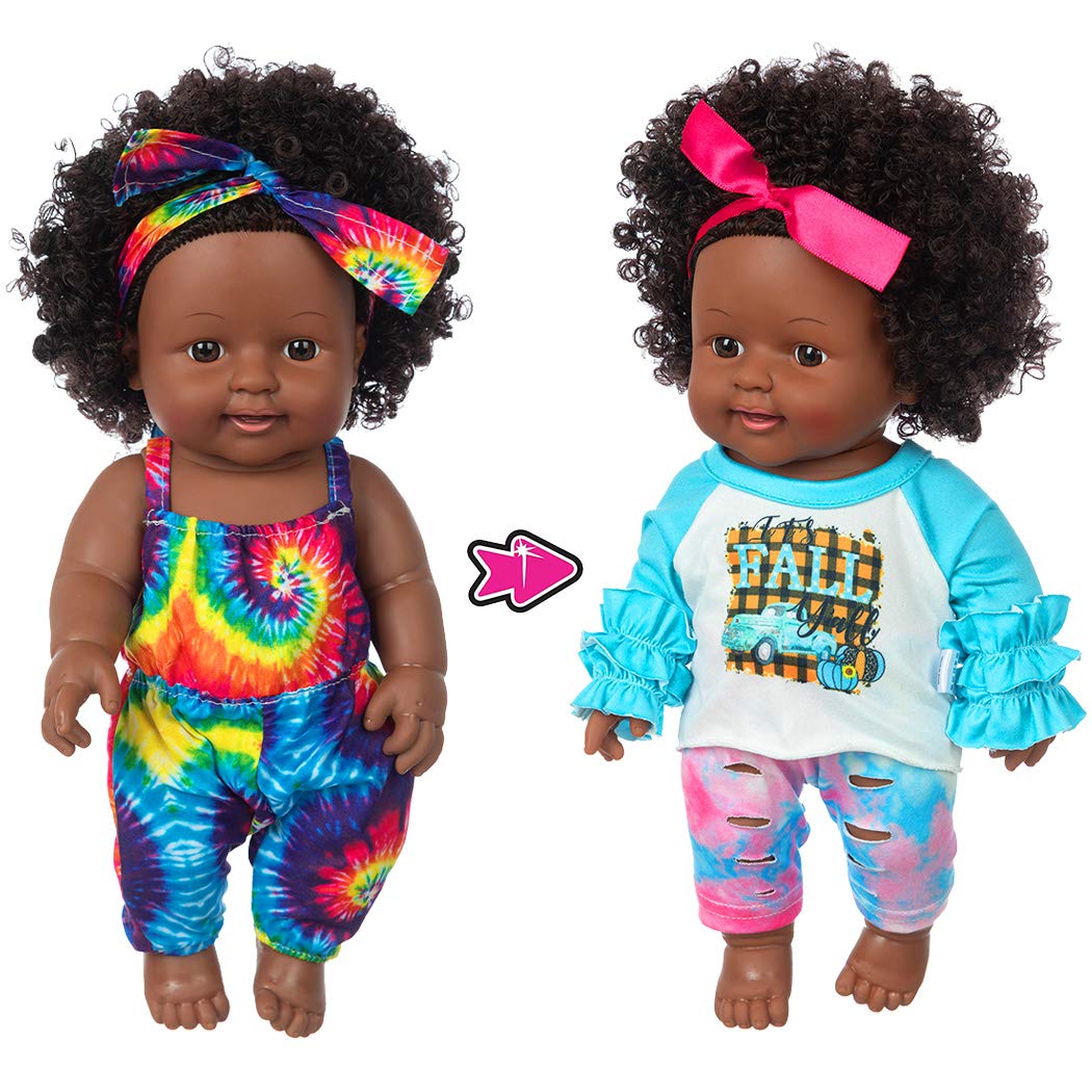 iBayda One-Piece 12-Inch Realistic Black Baby Doll with 2 Outfits – Washable Vinyl, African-American Toy