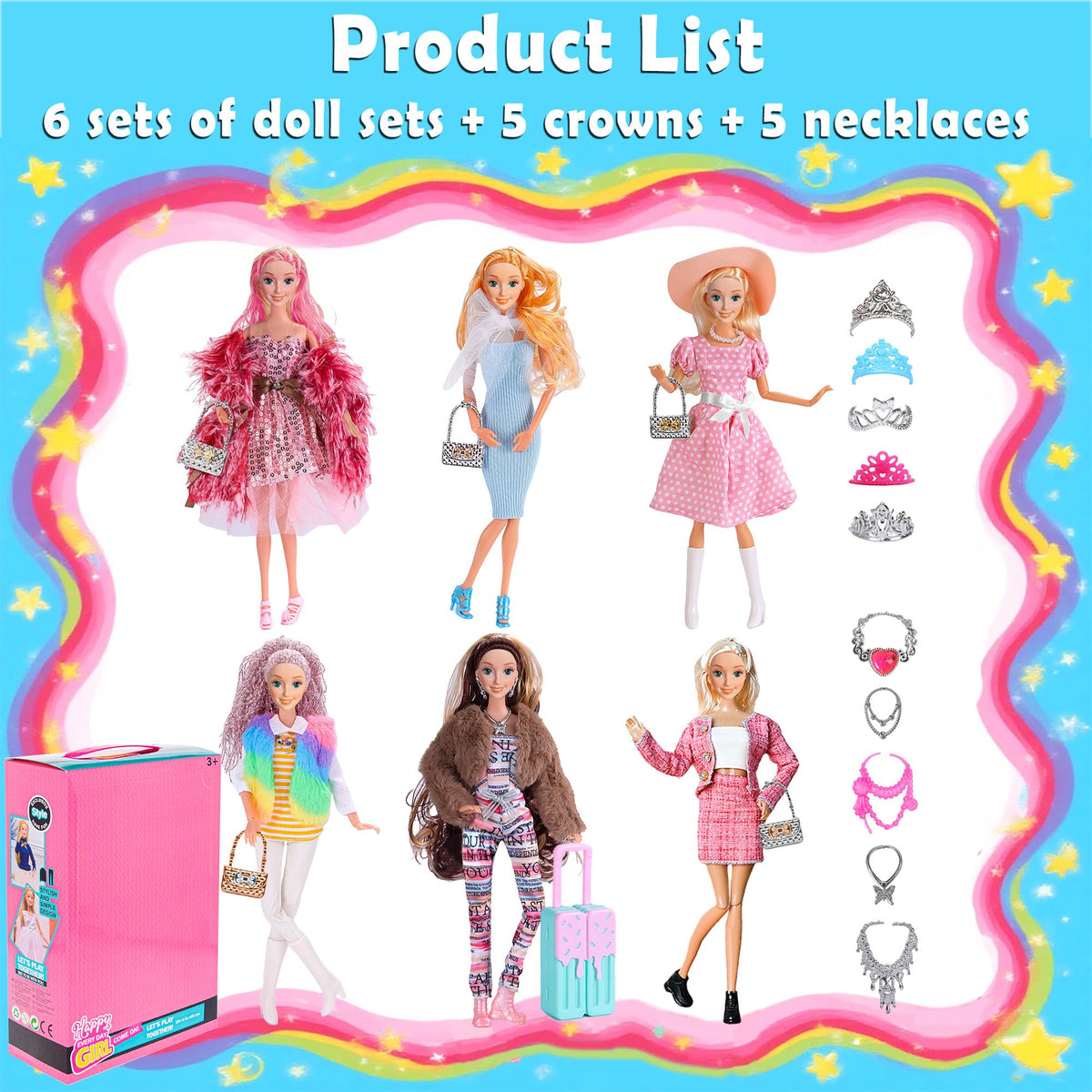 iBayda 6 Pack Fashion Dolls – 11.5-inch Princess Dolls with Outfits, Accessories & Gift Box