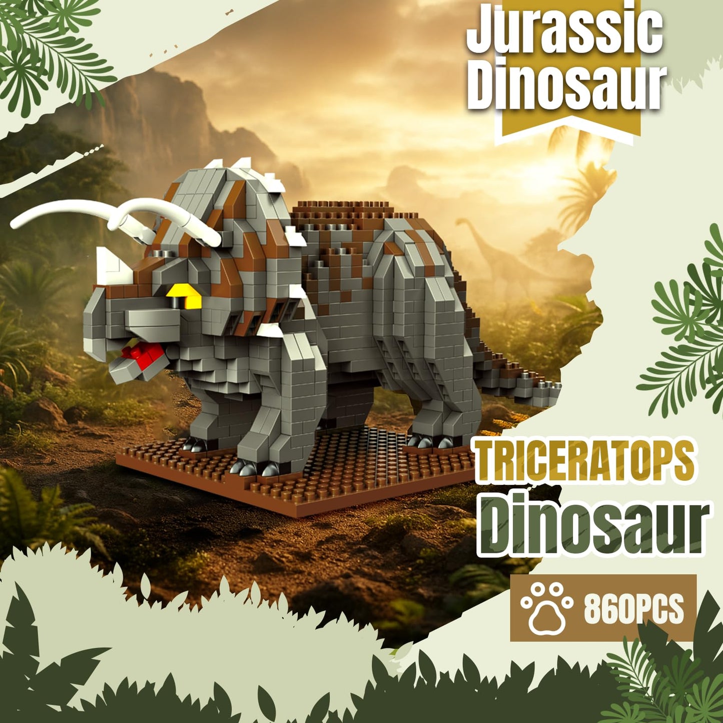 IBLOTIME Triceratops Micro Block Dinosaur Kit – 860 Pieces, DIY Display Base