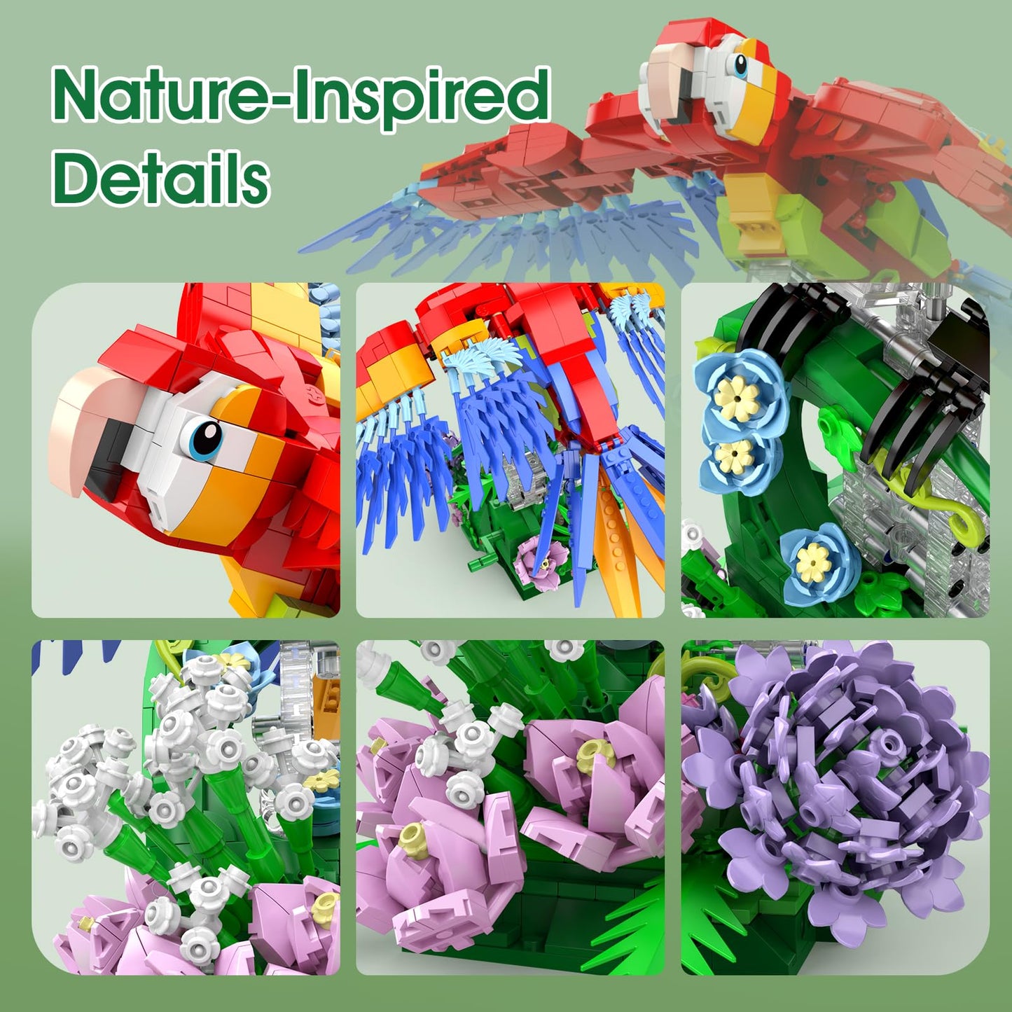 IBLOTIME Parrot Building Set – 1176-Piece Colorful Bird Model with Rotating Flower Base
