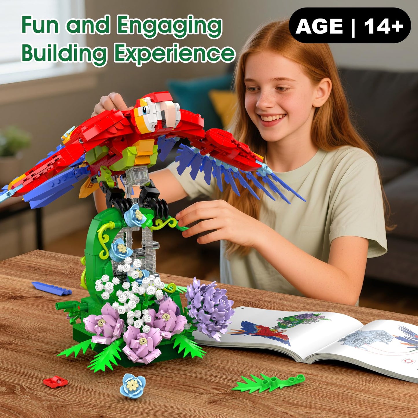 IBLOTIME Parrot Building Set – 1176-Piece Colorful Bird Model with Rotating Flower Base