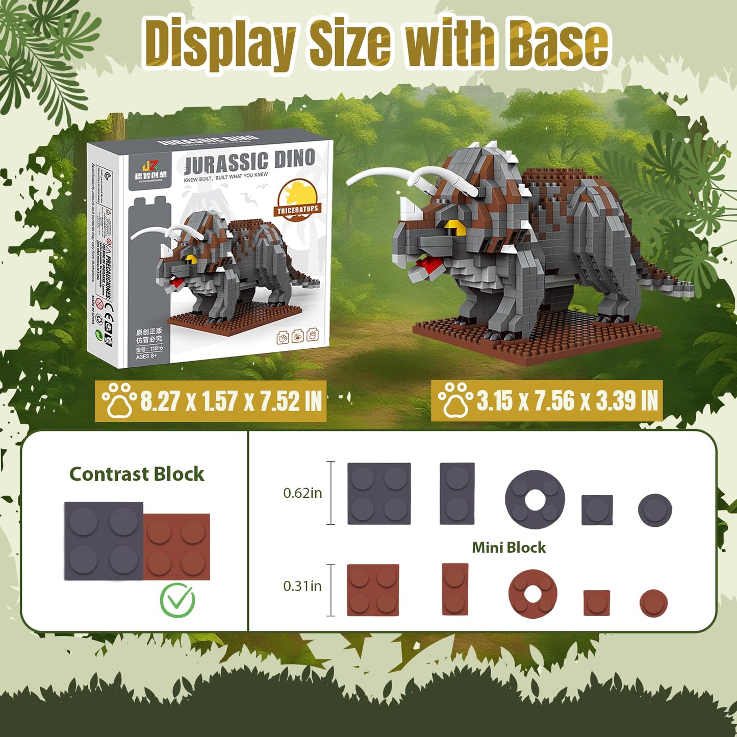 IBLOTIME Triceratops Micro Block Dinosaur Kit – 860 Pieces, DIY Display Base