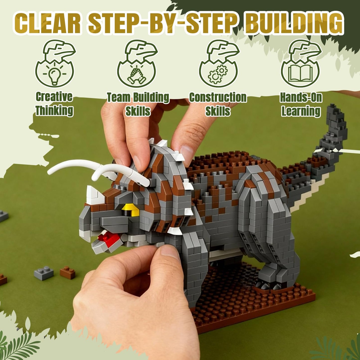 IBLOTIME Triceratops Micro Block Dinosaur Kit – 860 Pieces, DIY Display Base