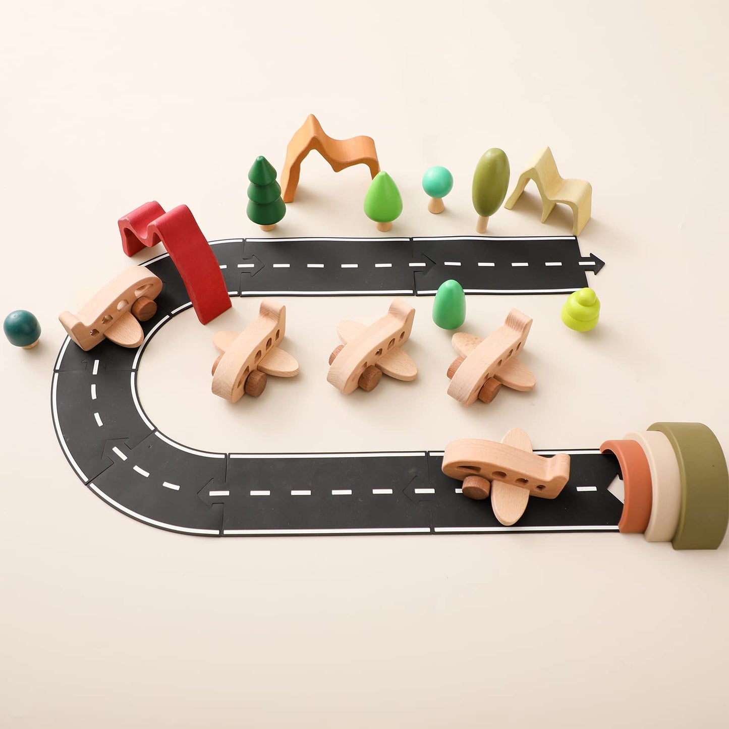 ibwaae Wooden Airplane Toys – Montessori Pull Car Set for Toddlers