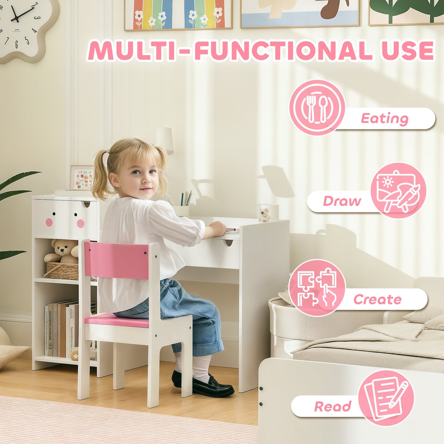 PawHut Kids Desk and Chair Set, Toddler Table and Chair Set, Rabbit Themed