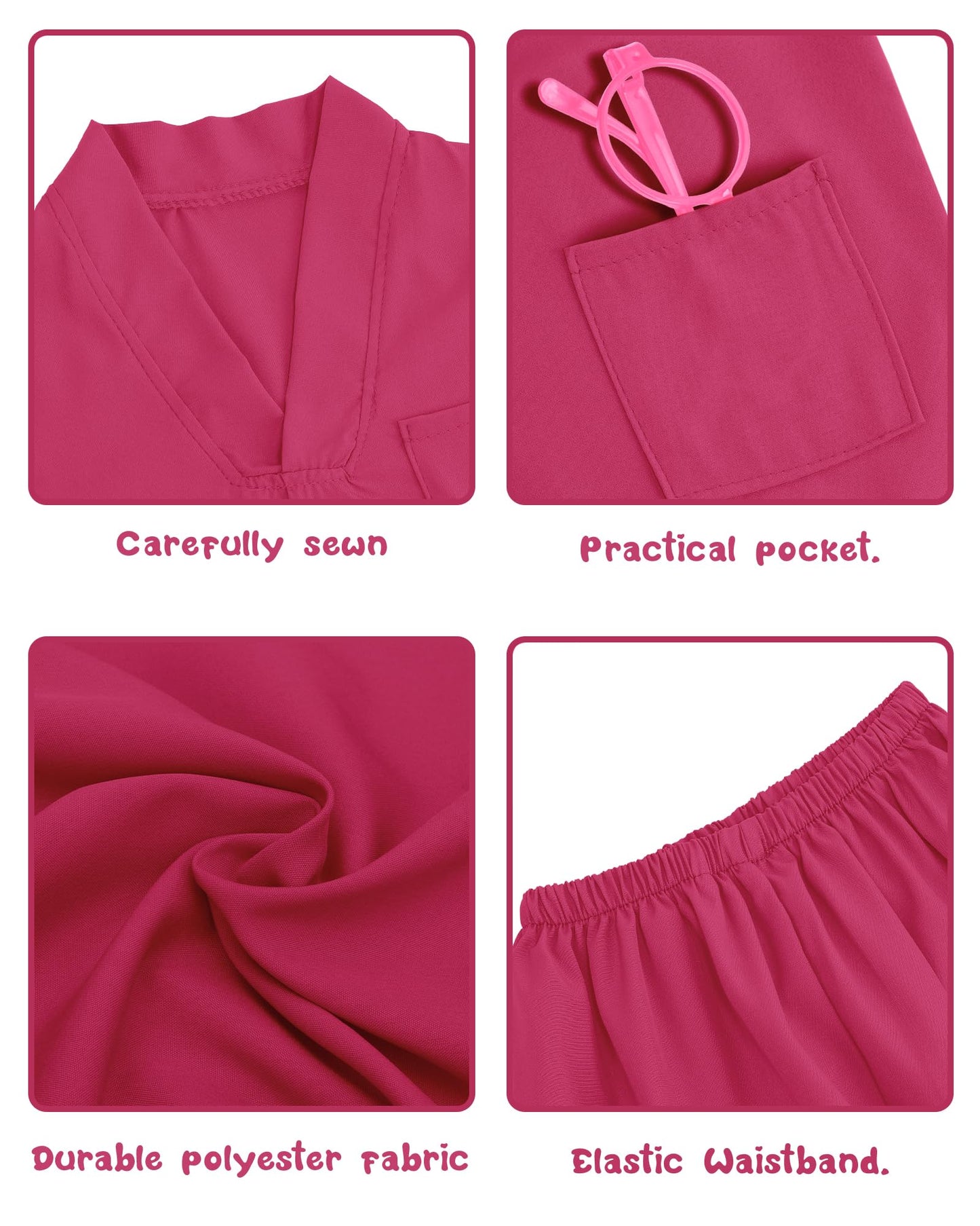 ICECUTE Doctor Scrubs Costume for Kids - 7Pcs Set with Stethoscope & Accessories (Rose Red, 3-11 Years)