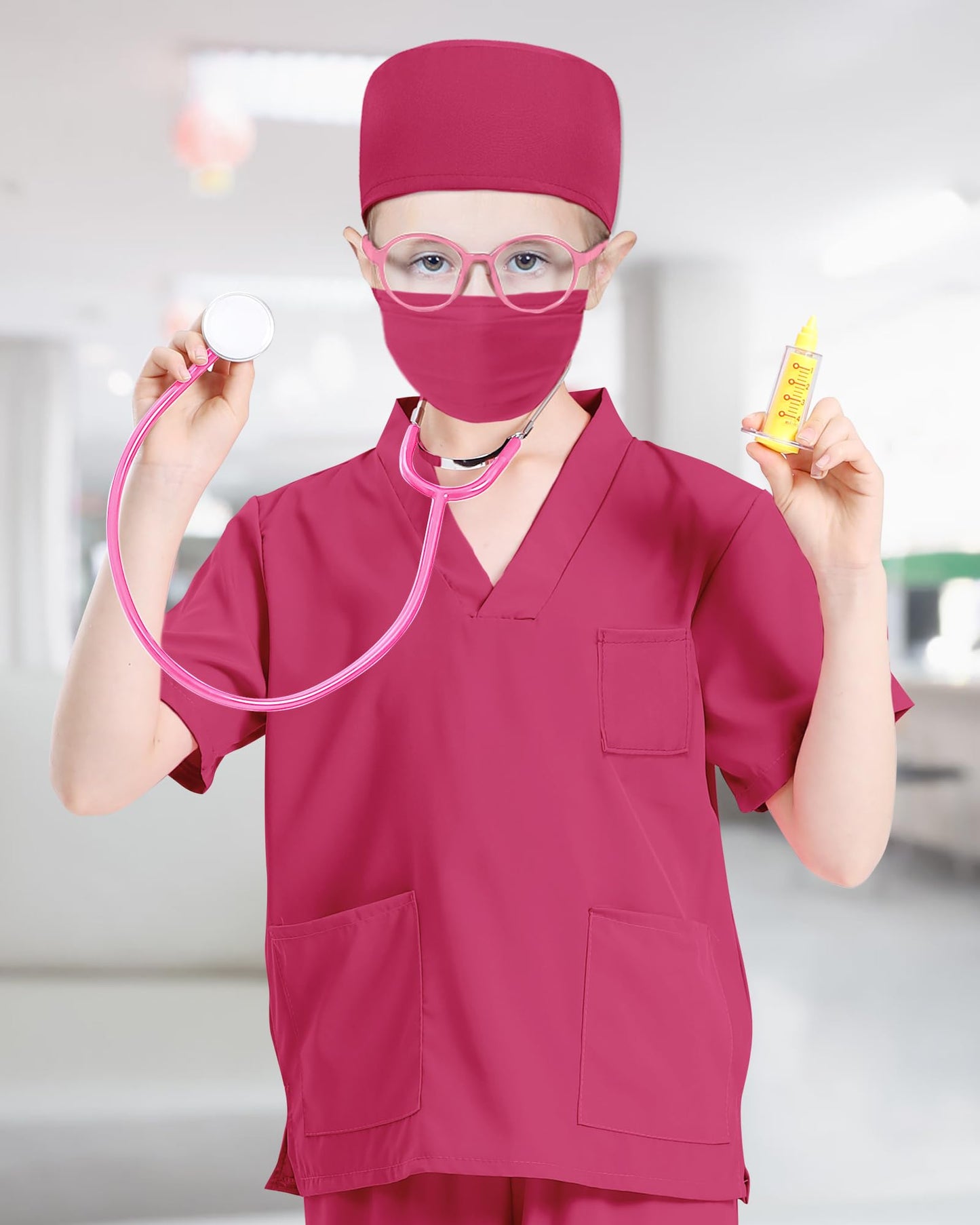 ICECUTE Doctor Scrubs Costume for Kids - 7Pcs Set with Stethoscope & Accessories (Rose Red, 3-11 Years)