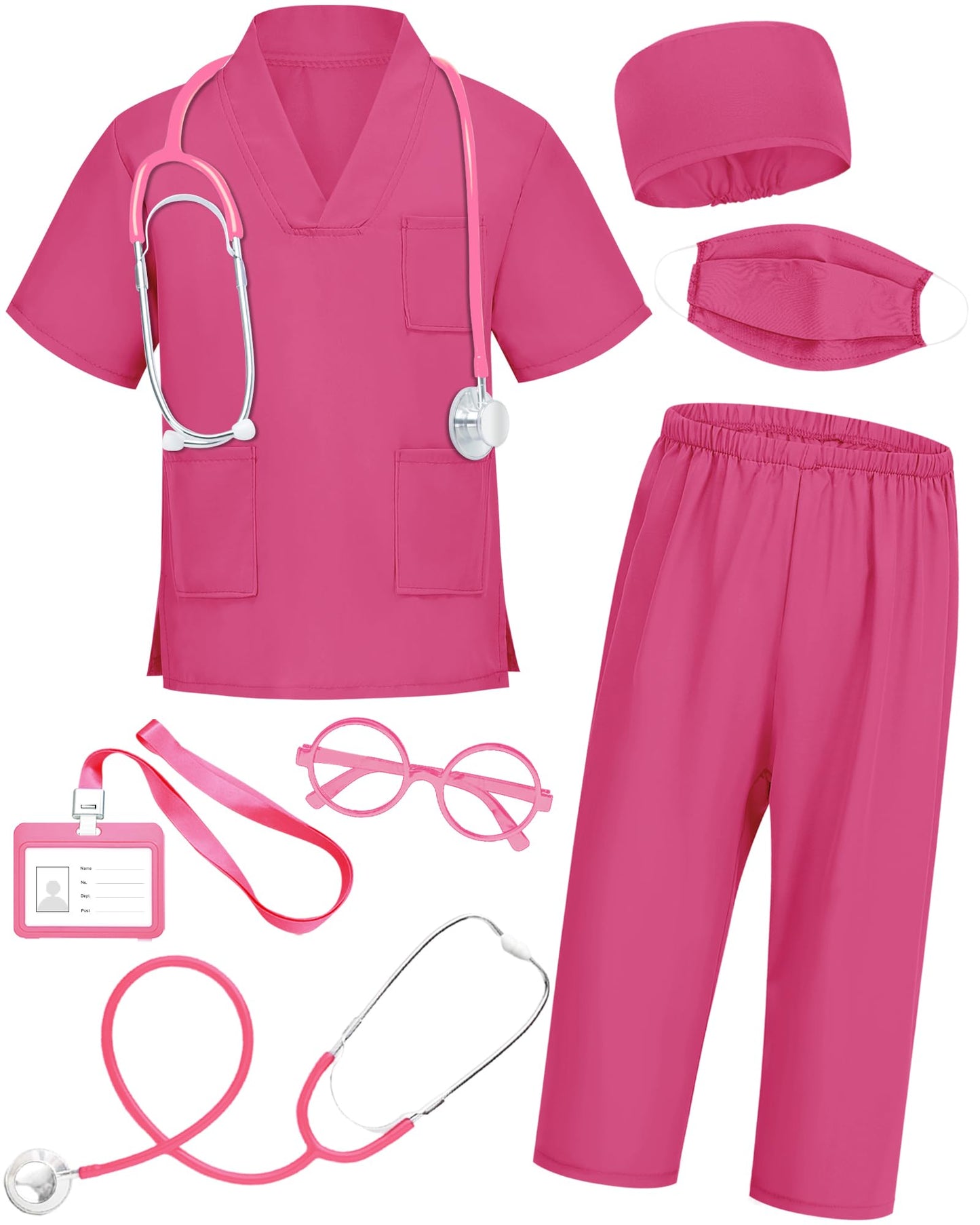 ICECUTE Doctor Scrubs Costume for Kids - 7Pcs Set with Stethoscope & Accessories (Rose Red, 3-11 Years)