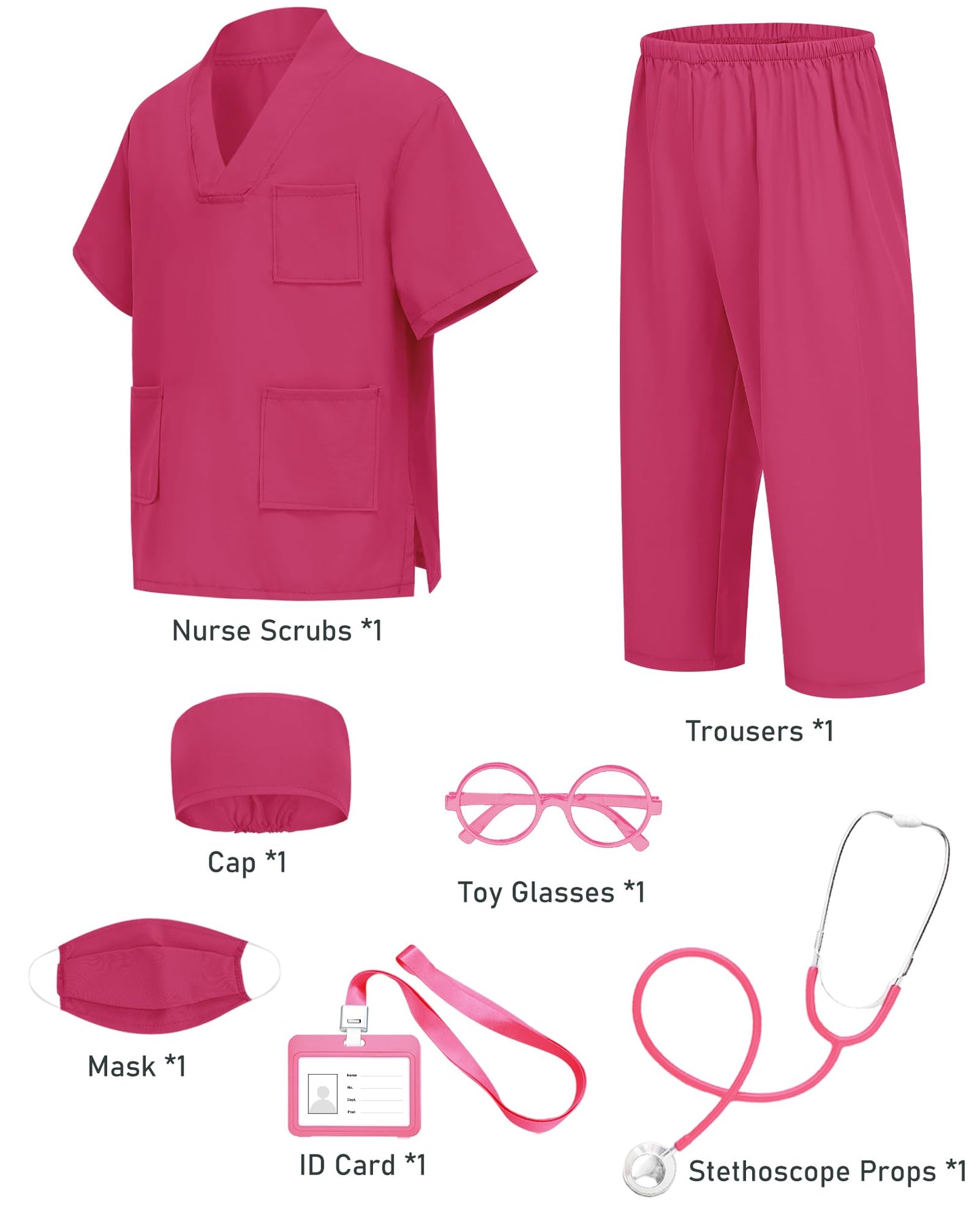 ICECUTE Doctor Scrubs Costume for Kids - 7Pcs Set with Stethoscope & Accessories (Rose Red, 3-11 Years)