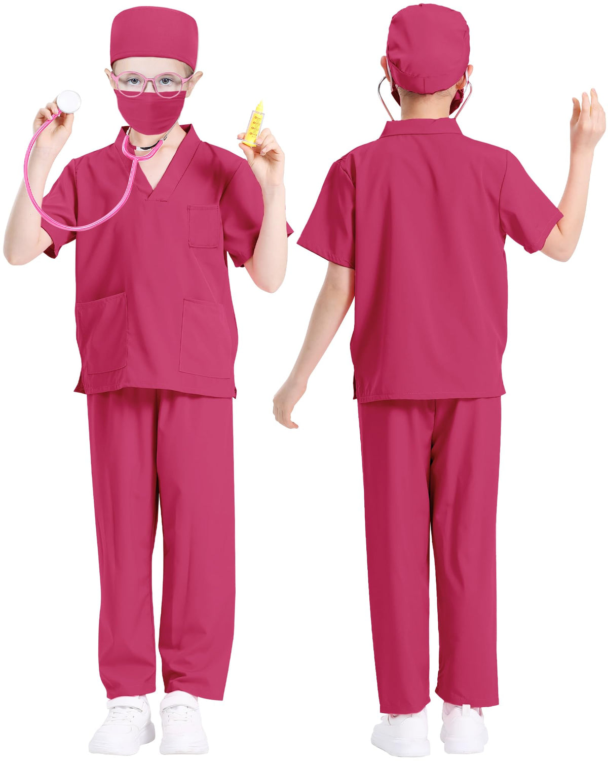 ICECUTE Doctor Scrubs Costume for Kids - 7Pcs Set with Stethoscope & Accessories (Rose Red, 3-11 Years)