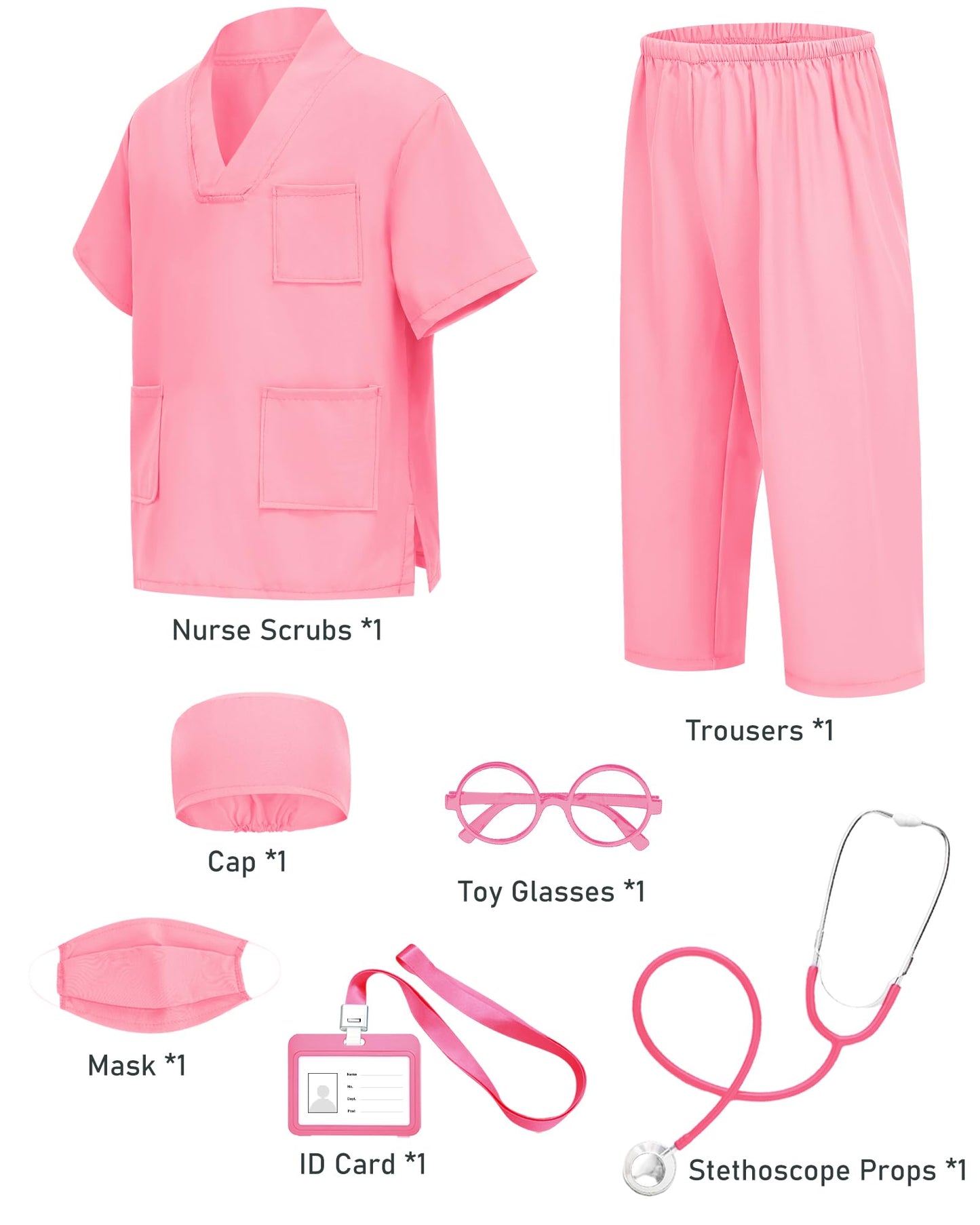 ICECUTE Doctor Scrubs for Kids – 7-Piece Costume with Real Stethoscope (Pink, 3–11Y)