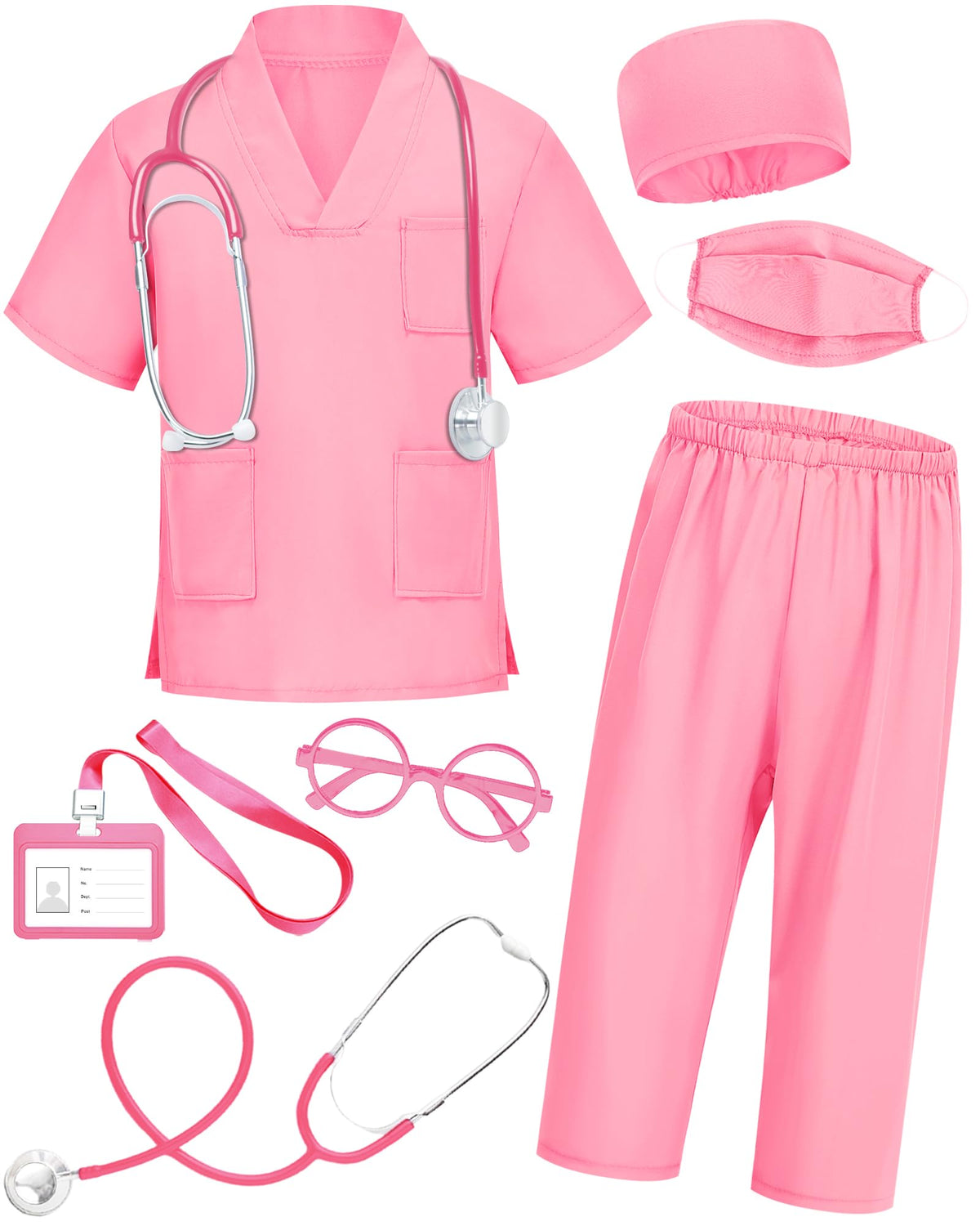 ICECUTE Doctor Scrubs for Kids – 7-Piece Costume with Real Stethoscope (Pink, 3–11Y)