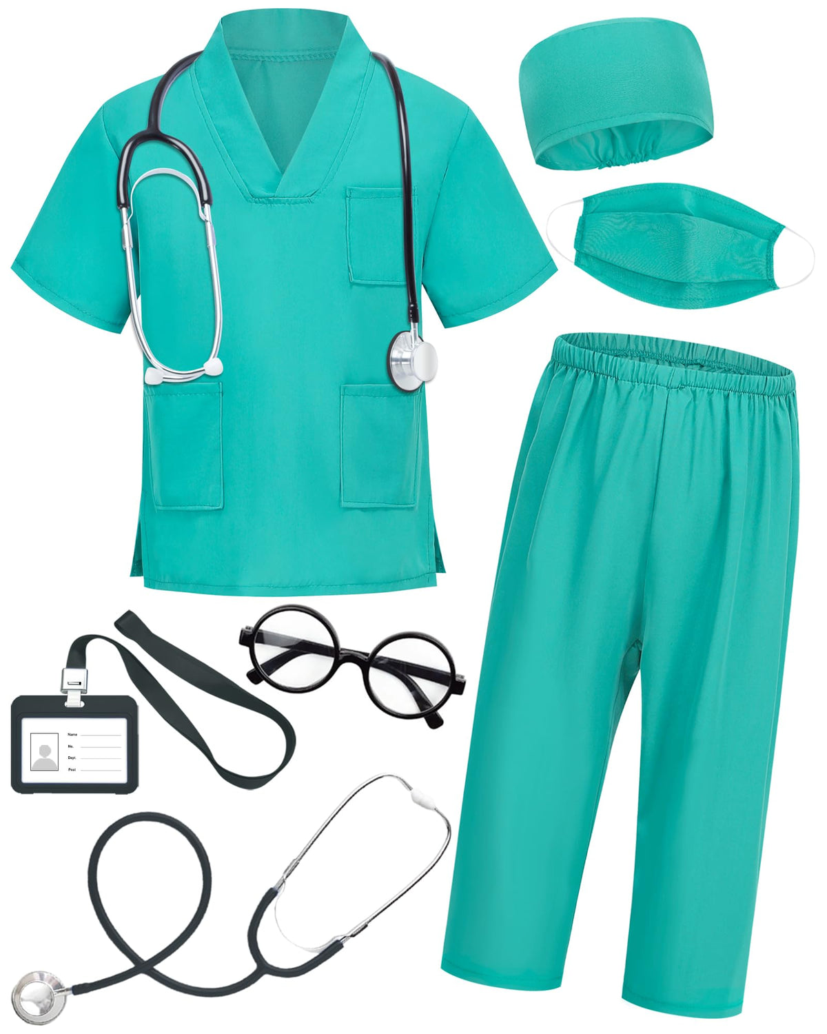 ICECUTE Doctor Scrubs for Kids — 7-Piece Costume with Real Stethoscope (Green) 3–11 Years