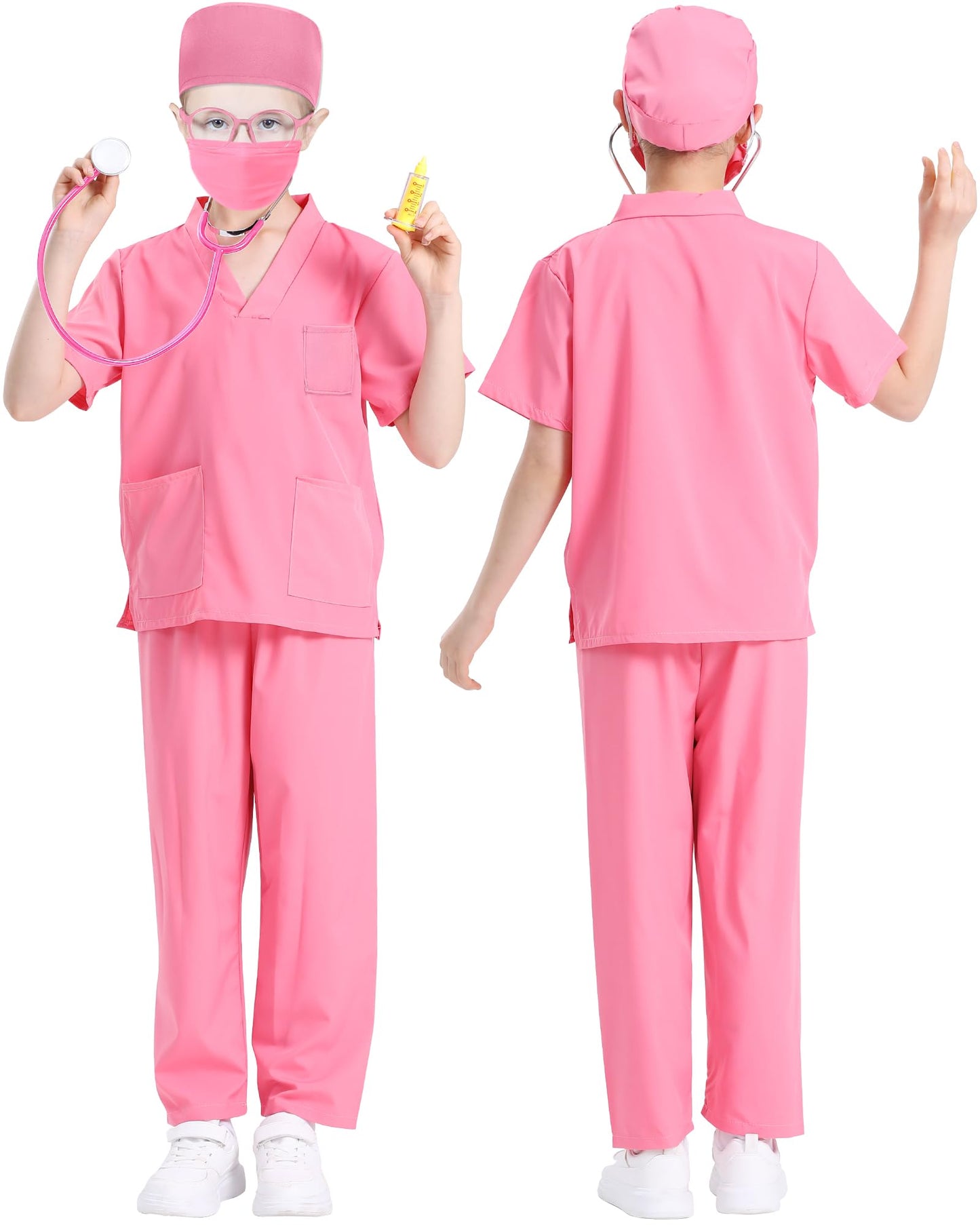 ICECUTE Doctor Scrubs for Kids – 7-Piece Costume with Real Stethoscope (Pink, 3–11Y)