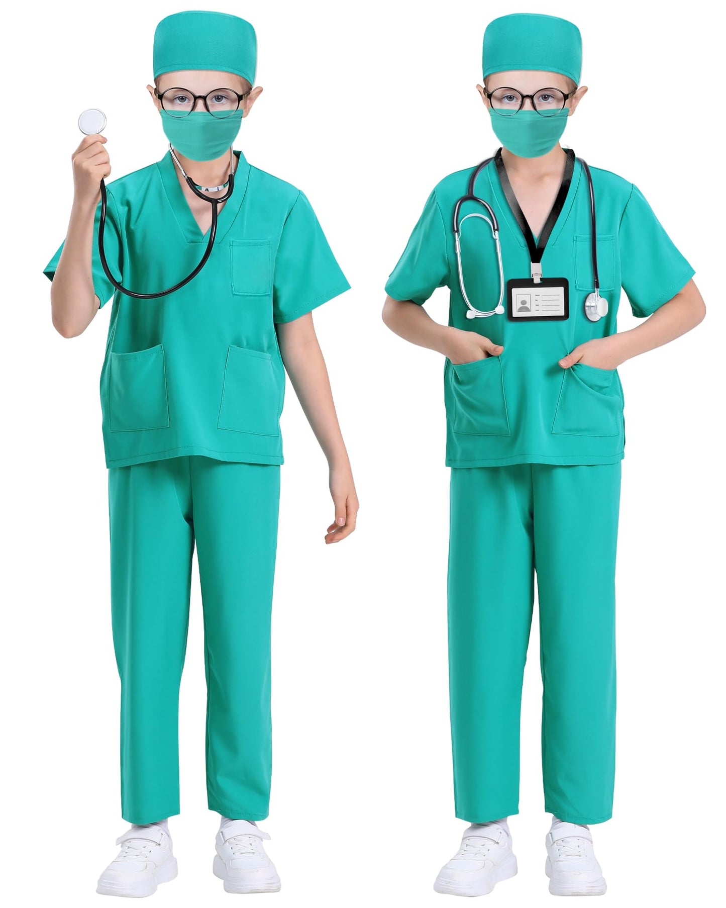ICECUTE Doctor Scrubs for Kids — 7-Piece Costume with Real Stethoscope (Green) 3–11 Years