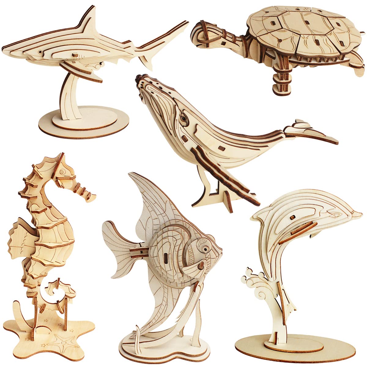 i-CHONY 3D Wooden Sea Animal Puzzle – 6-Piece Skeleton Model Kits