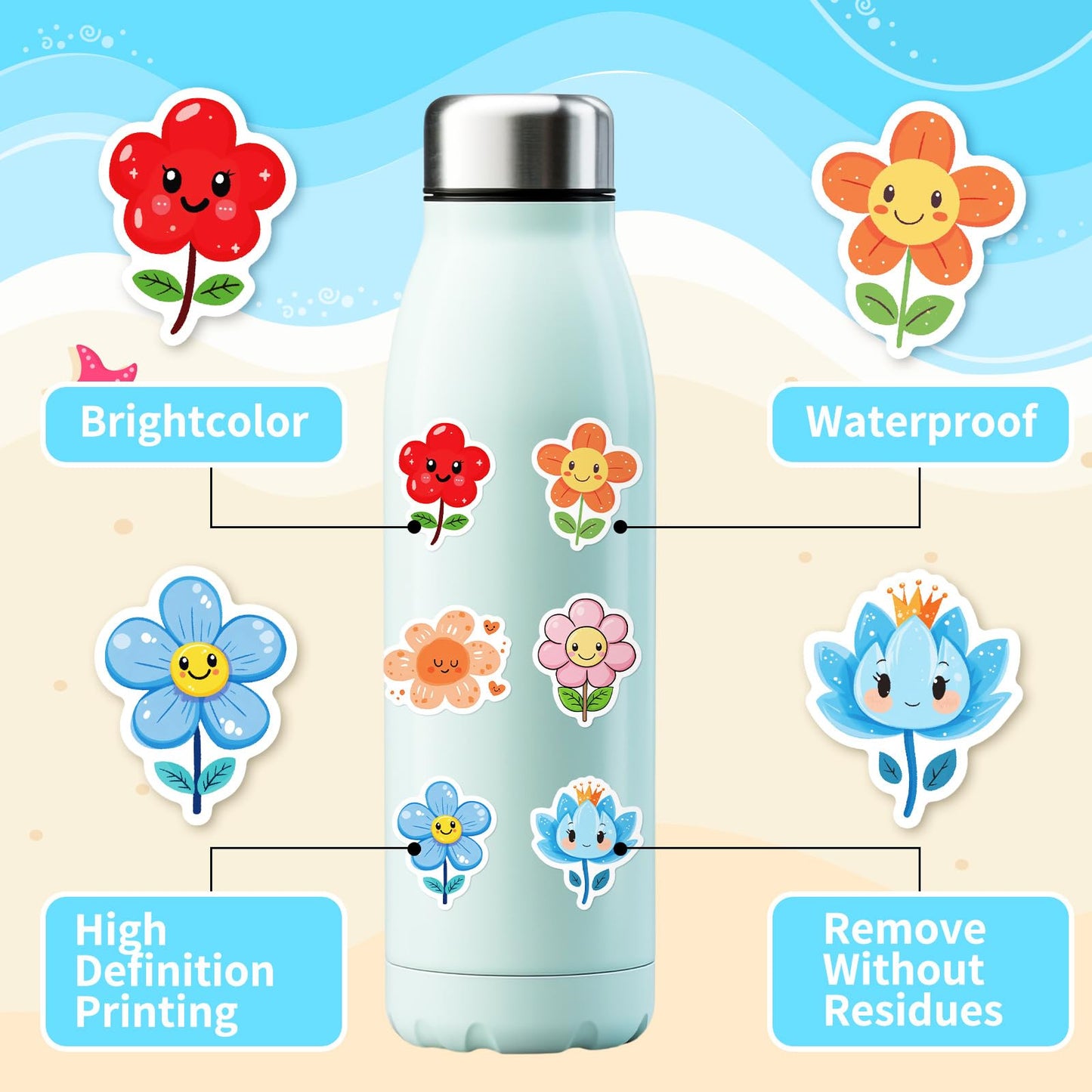 Icicrim 50Pcs Cute Smile Flower Stickers – Waterproof Vinyl Decals for Water Bottles and Laptops