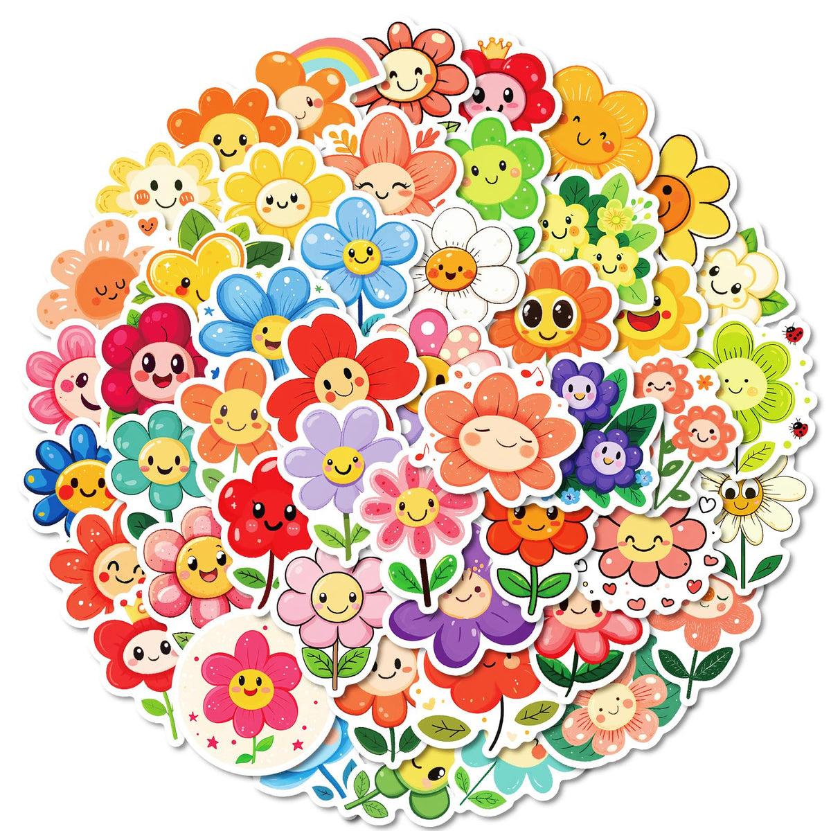 Icicrim 50Pcs Cute Smile Flower Stickers – Waterproof Vinyl Decals for Water Bottles and Laptops