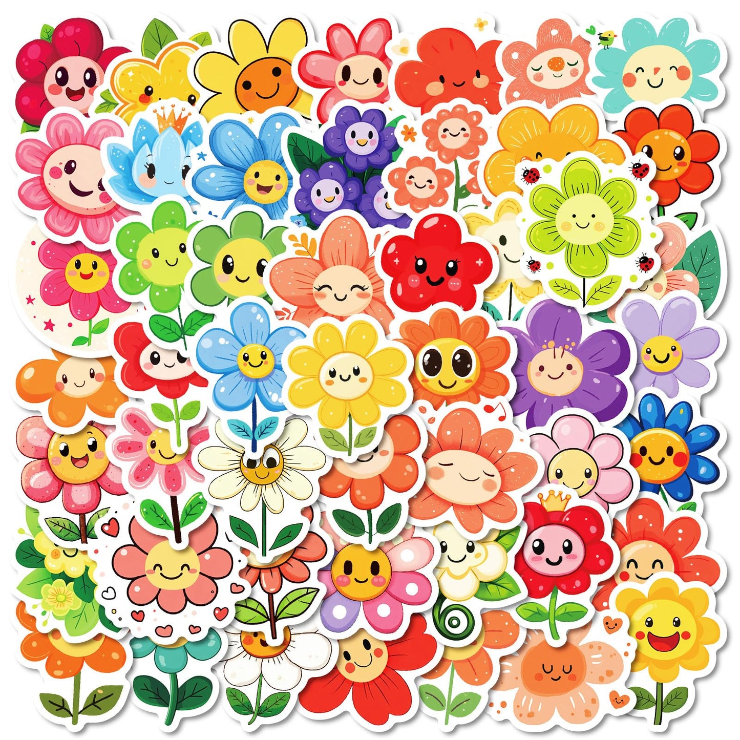 Icicrim 50Pcs Cute Smile Flower Stickers – Waterproof Vinyl Decals for Water Bottles and Laptops