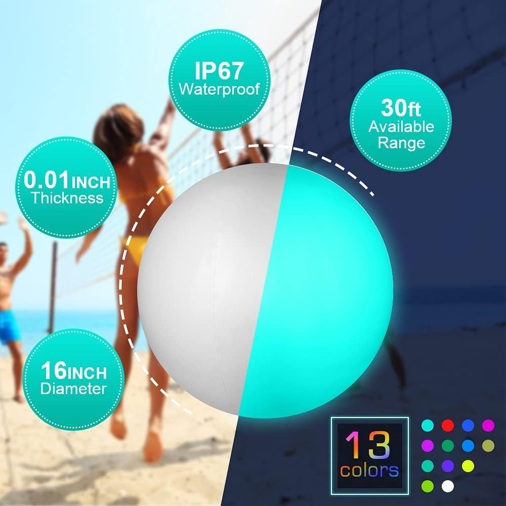 ICNICE LED Beach Balls Glow in the Dark – 2 Pack, 16'' Light Up Pool Balls with Remote