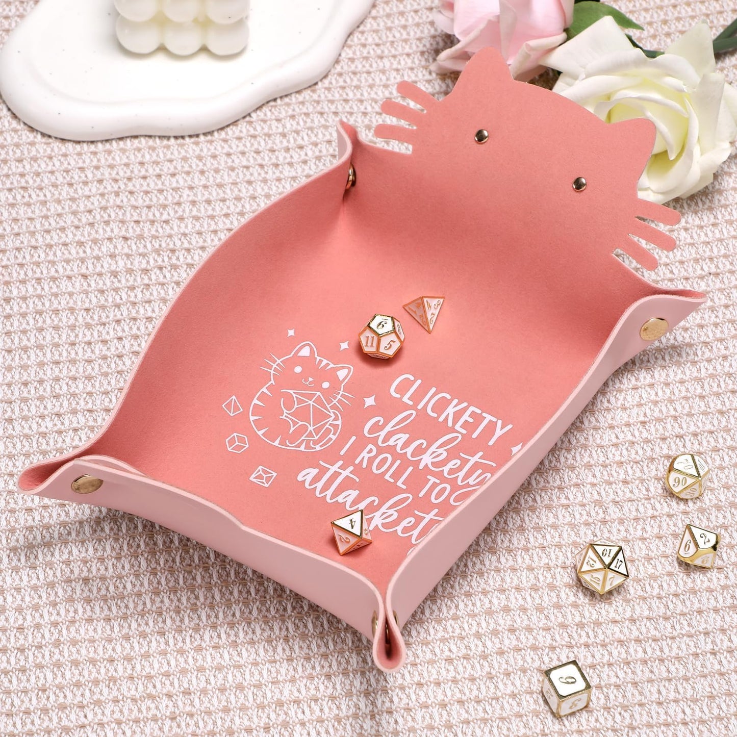 ICoDeesse Cat Dice Tray Pinkk – Foldable Leather Dice Tray for RPG and Travel