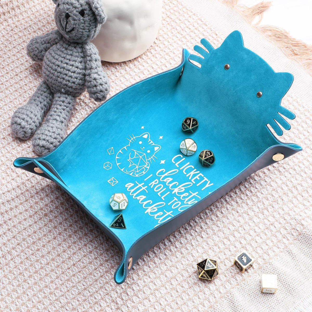 ICoDeesse Blue Cat Dice Tray – Purple Cat PU Leather Dice Holder for RPG, Portable Desk Organizer
